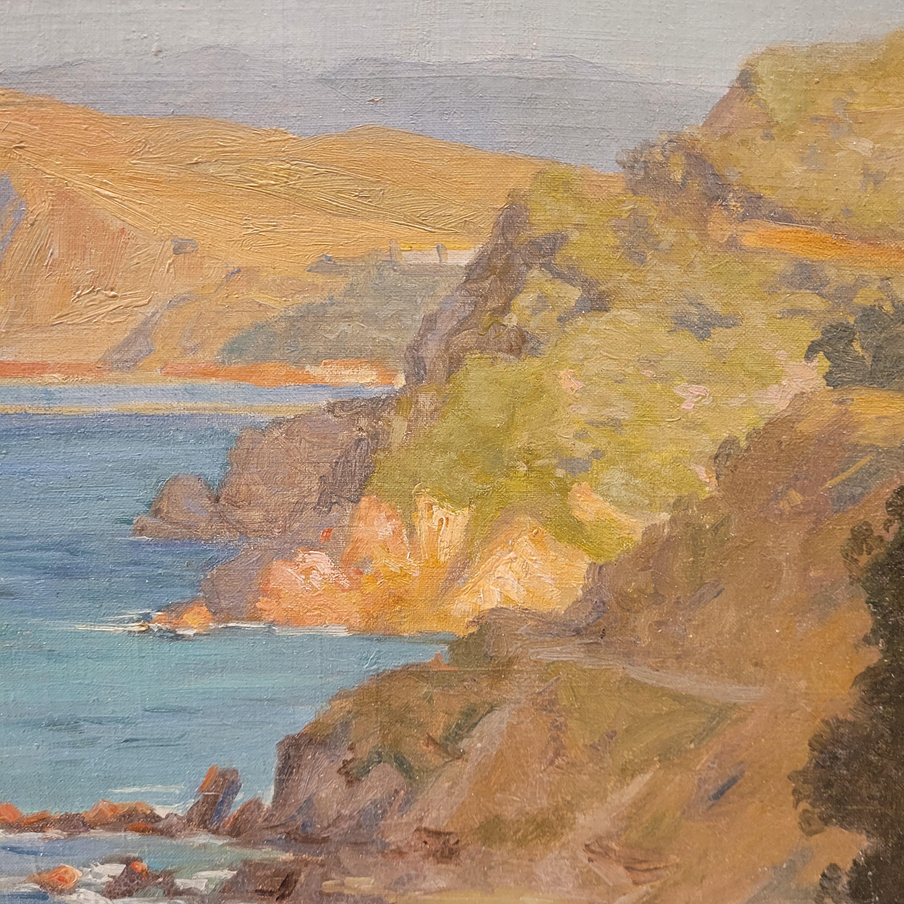 French Oil on cardboard “View of the Villefranche coast”Rene Charles Edmond His For Sale 4