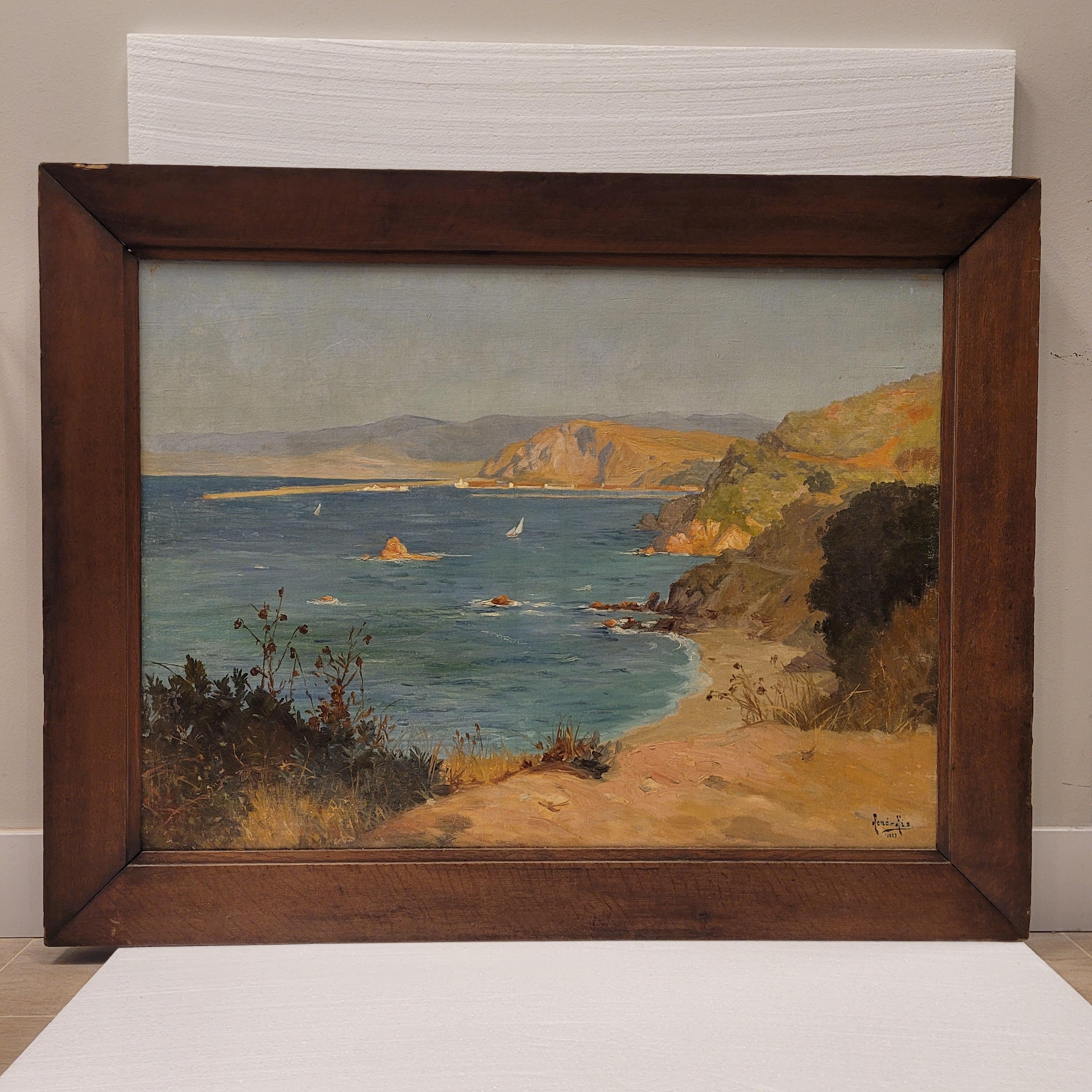 This Amazinf and beautiful  work by René His transports you to the Villefranche coast, an idyllic corner of southern France, where nature is displayed in all its splendor. The painting presents an impressive panoramic view from a height, probably a