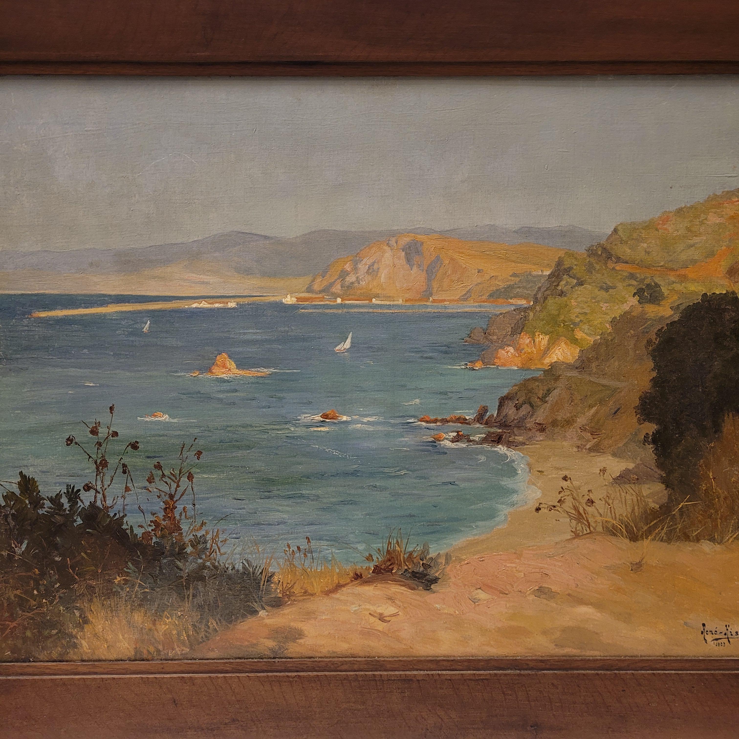Aesthetic Movement French Oil on cardboard “View of the Villefranche coast”Rene Charles Edmond His For Sale