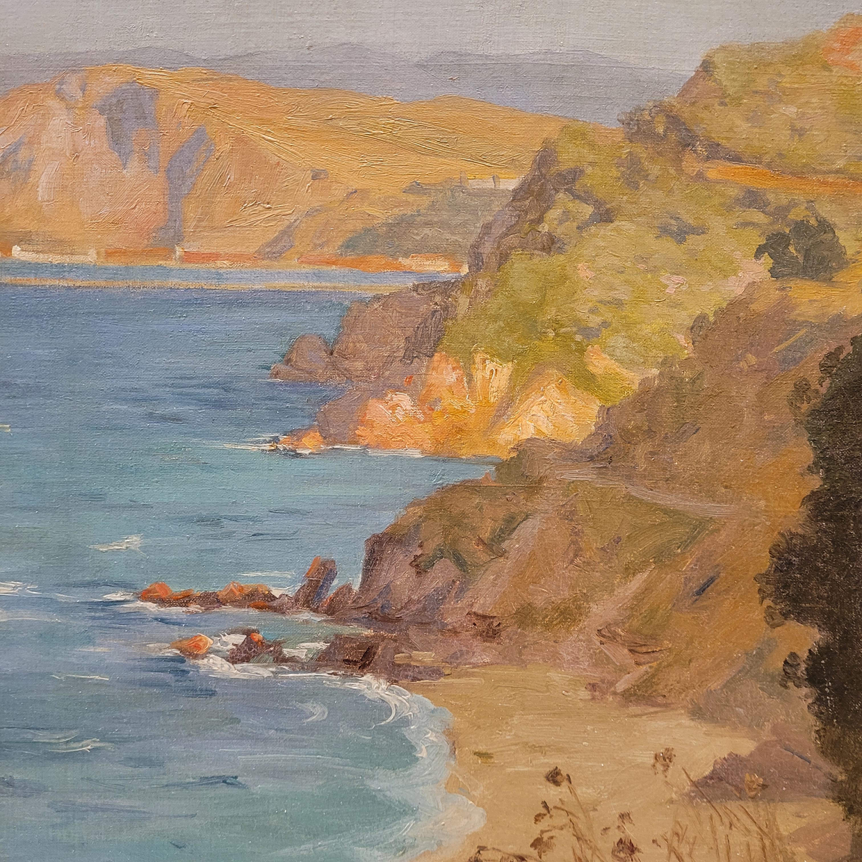 Early 20th Century French Oil on cardboard “View of the Villefranche coast”Rene Charles Edmond His For Sale
