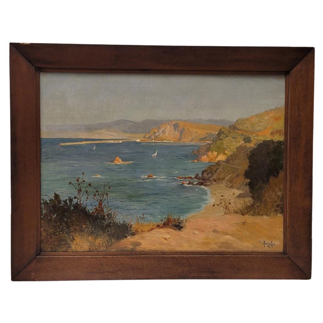 French Oil on cardboard “View of the Villefranche coast”Rene Charles Edmond His For Sale