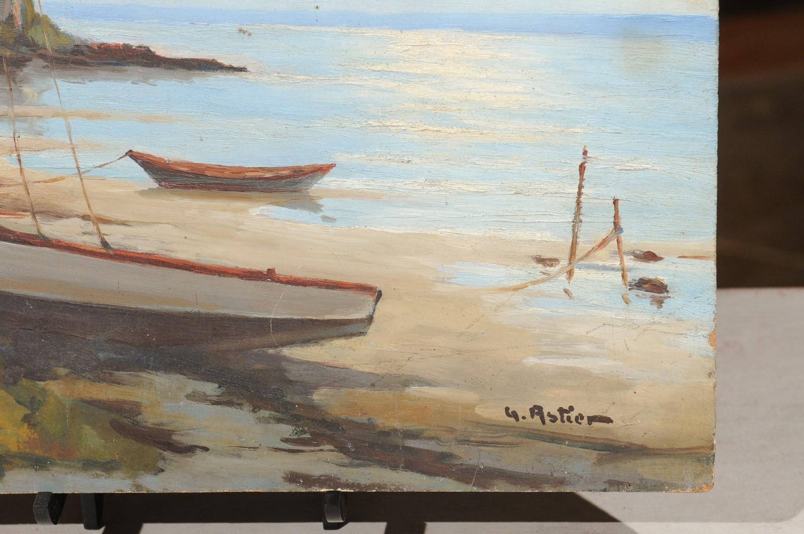 French Oil on Panel Painting Depicting a Seashore Bathed in Subtle Golden Light 2