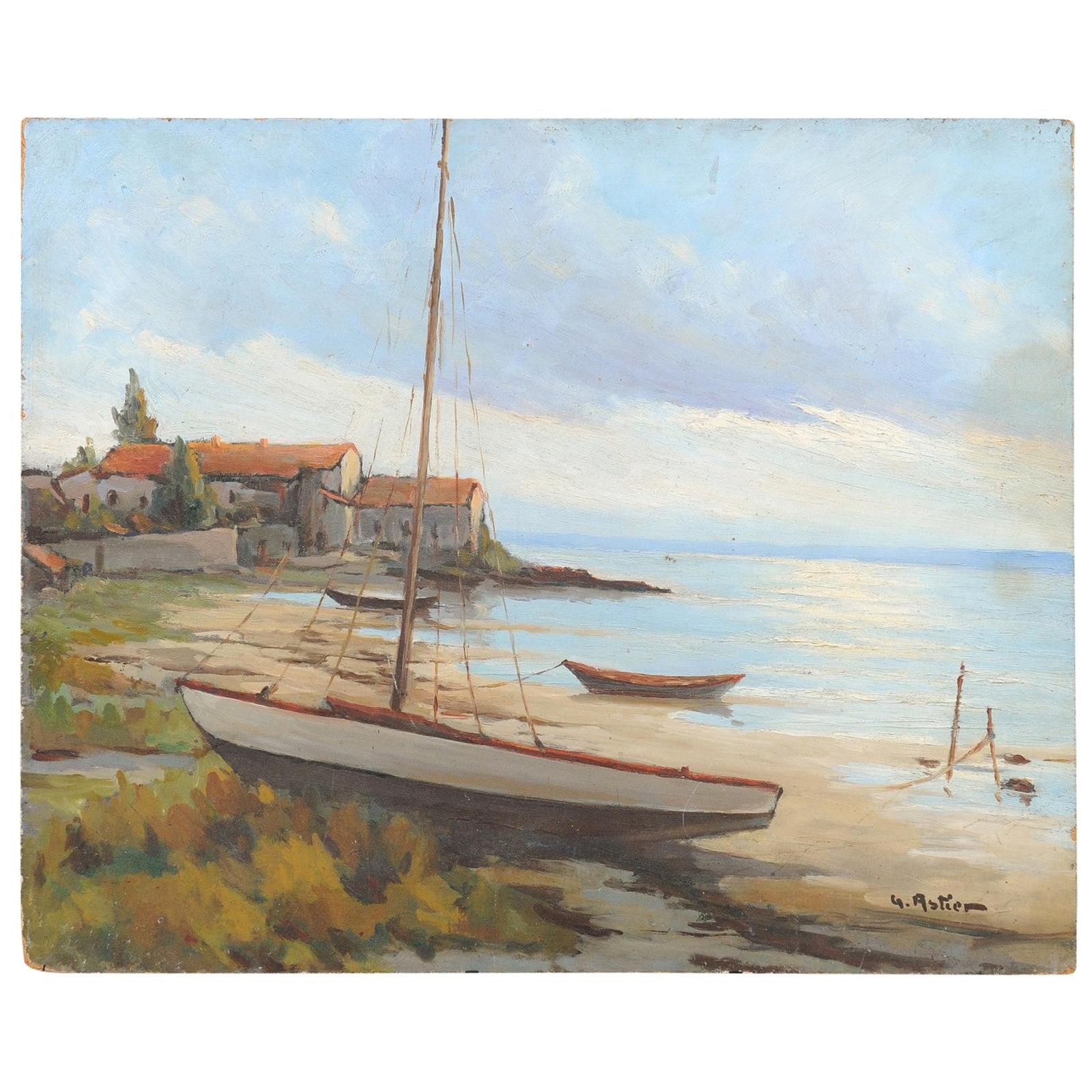 French Oil on Panel Painting Depicting a Seashore Bathed in Subtle Golden Light