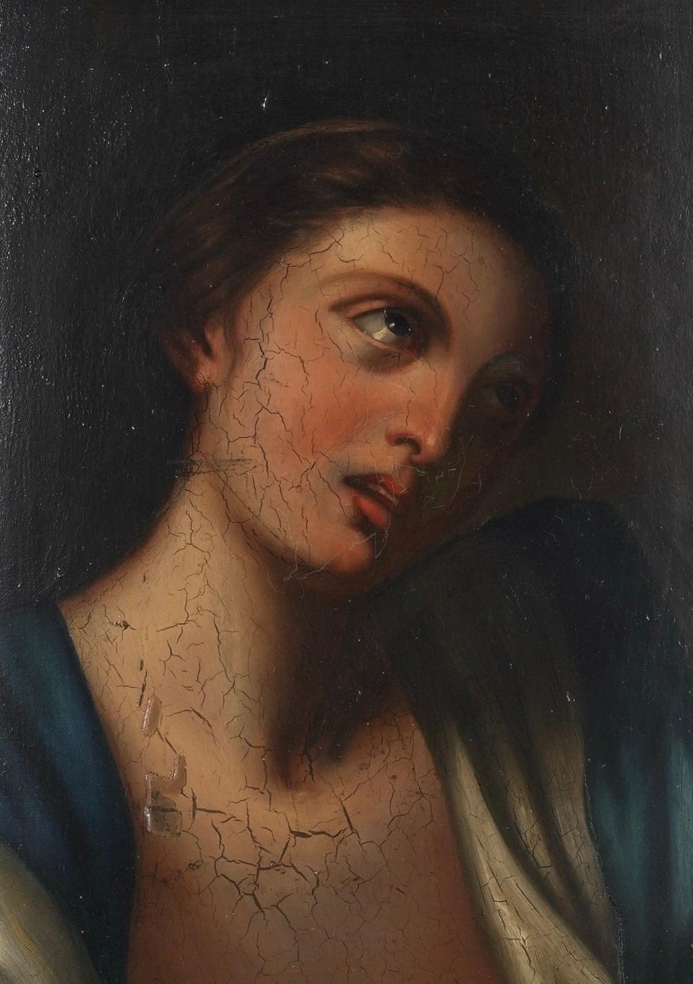 French oil on panel painting of a woman. Composed on a wooden panel, this c. 1815 oil depicts a woman displaying the exaggerated, theatrical mannerisms of the Neoclassical style that was in vogue at the time (see David’s “Oath of the Horati,” the