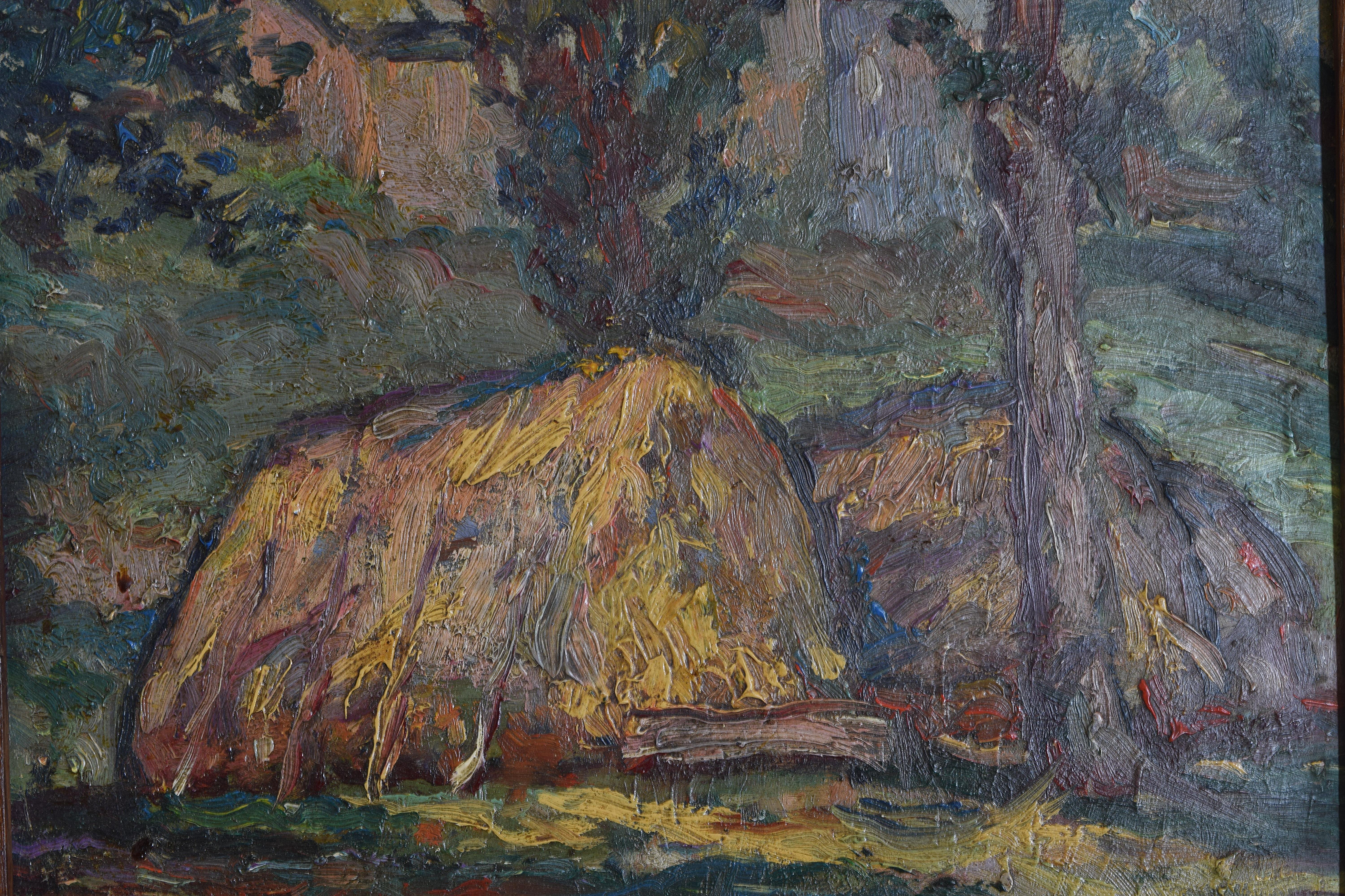 Paint French Oil on Panel, Thatch Homes in a Forest, First Quarter of the 20th Century