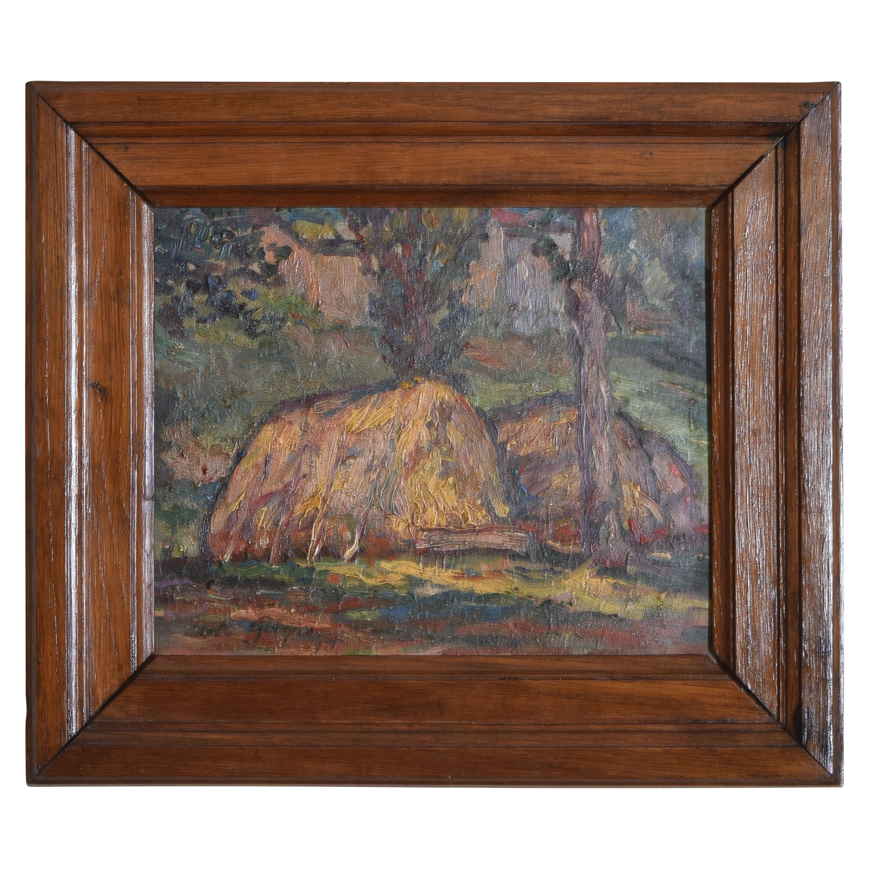 French Oil on Panel, Thatch Homes in a Forest, First Quarter of the 20th Century