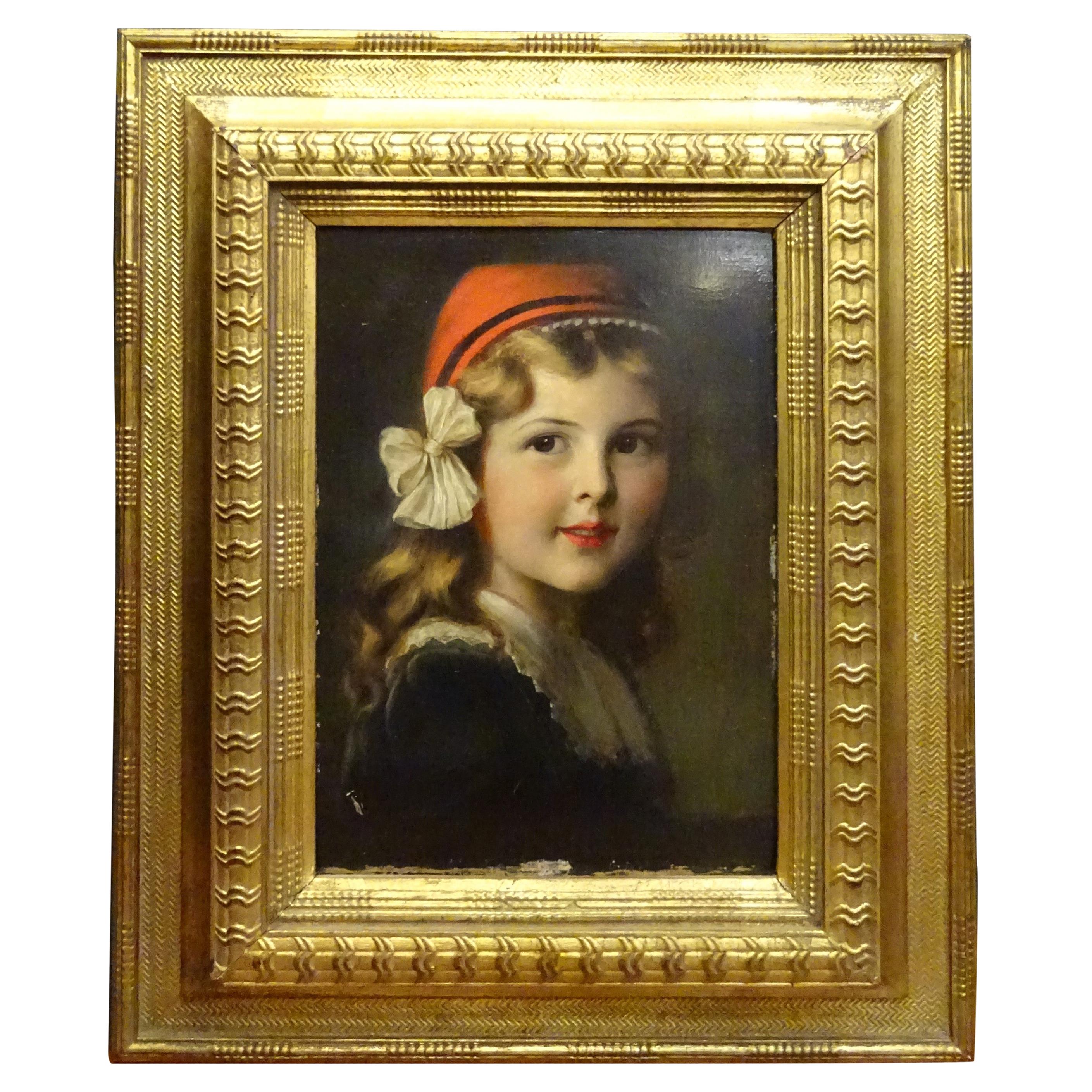 French Oil on Paperboard "Young Girl", Frame in Carved and Gilded Wood