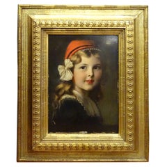 French Oil on Paperboard "Young Girl", Frame in Carved and Gilded Wood