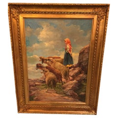 French oil painting 19th c, young shepherdess with her flock, countryside
