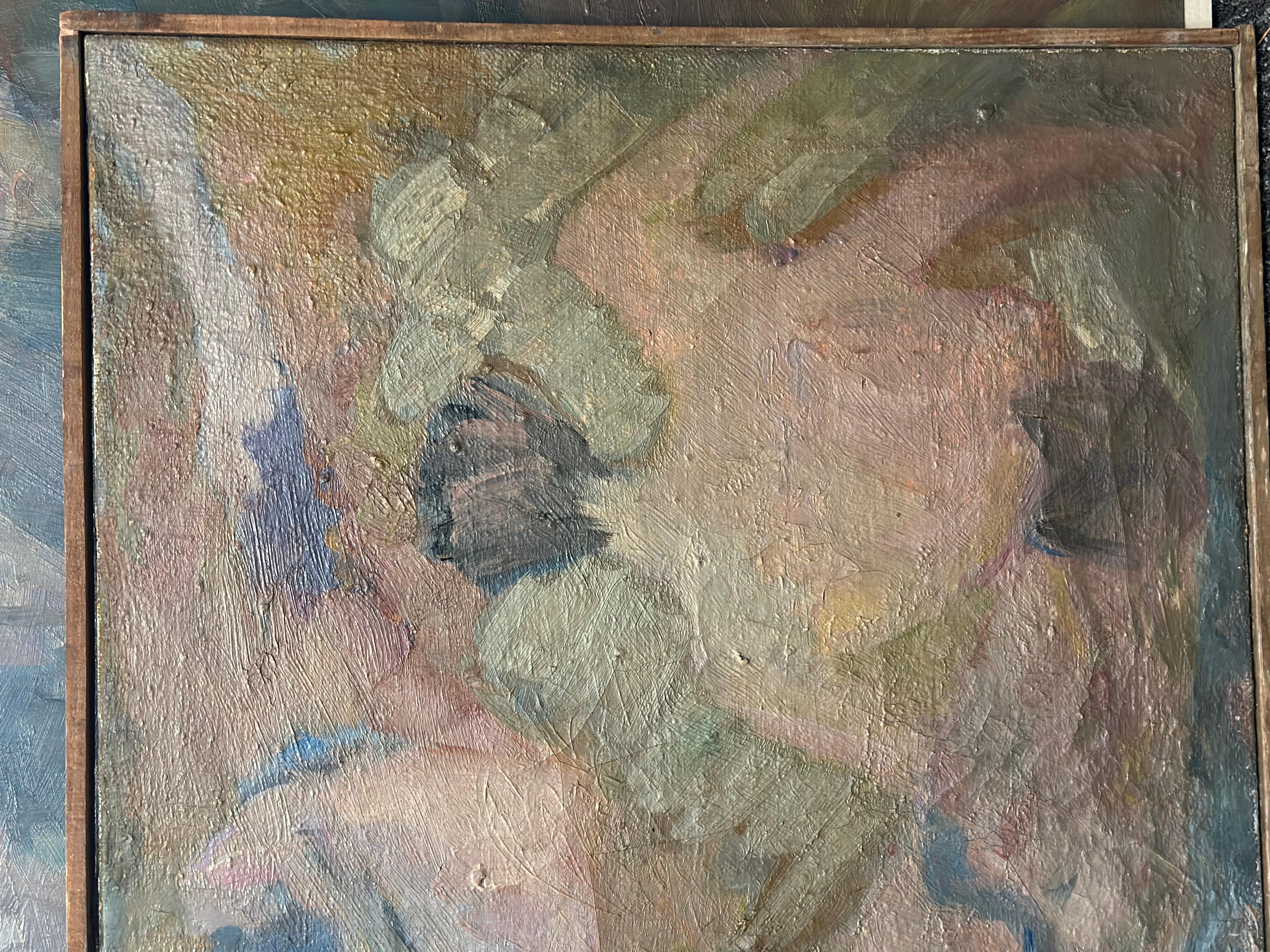 Des couleurs étonnantes et riches dans ce nu abstrait du peintre français Daniel Clesse.  Clesse est née en 1932 à Paris. Il s'est installé dans le sud de la France dans les années 1970 où il a peint jusqu'à sa mort en 2016. 