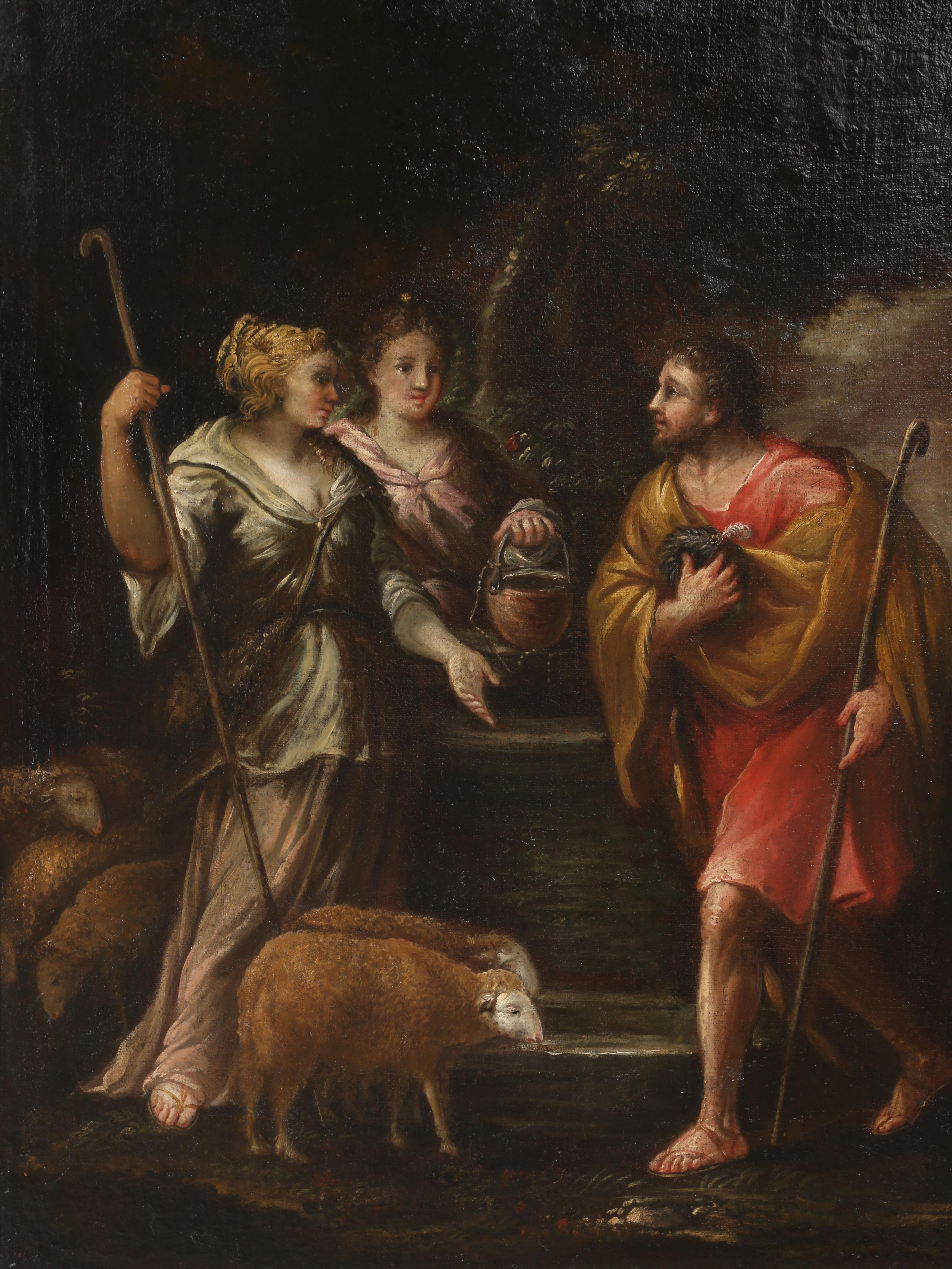 Óleo francés c1700 Historia bíblica de Rebeca y el siervo de Abraham Tallado a mano en venta
