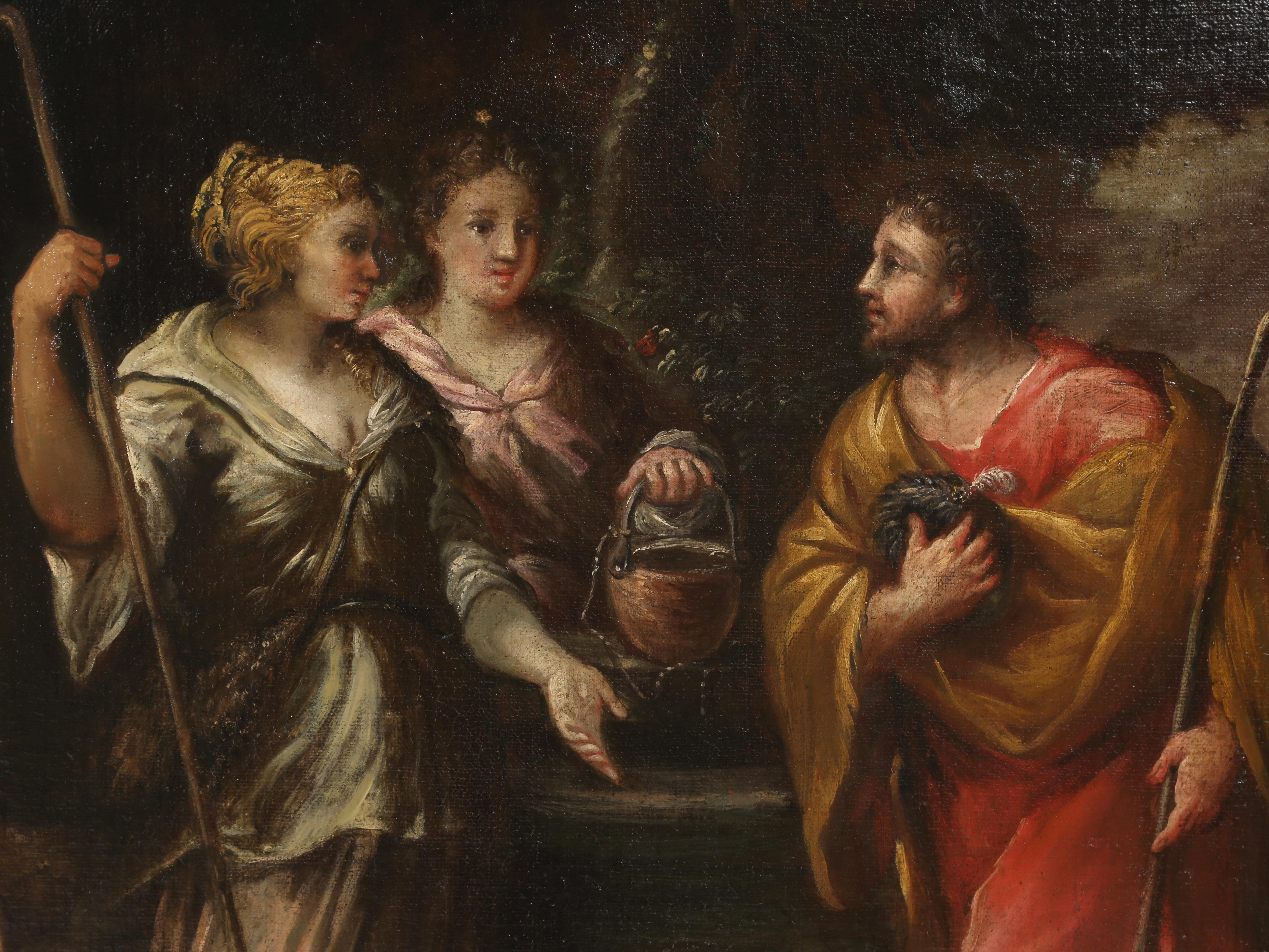 Óleo francés c1700 Historia bíblica de Rebeca y el siervo de Abraham en Bueno estado para la venta en Chicago, IL