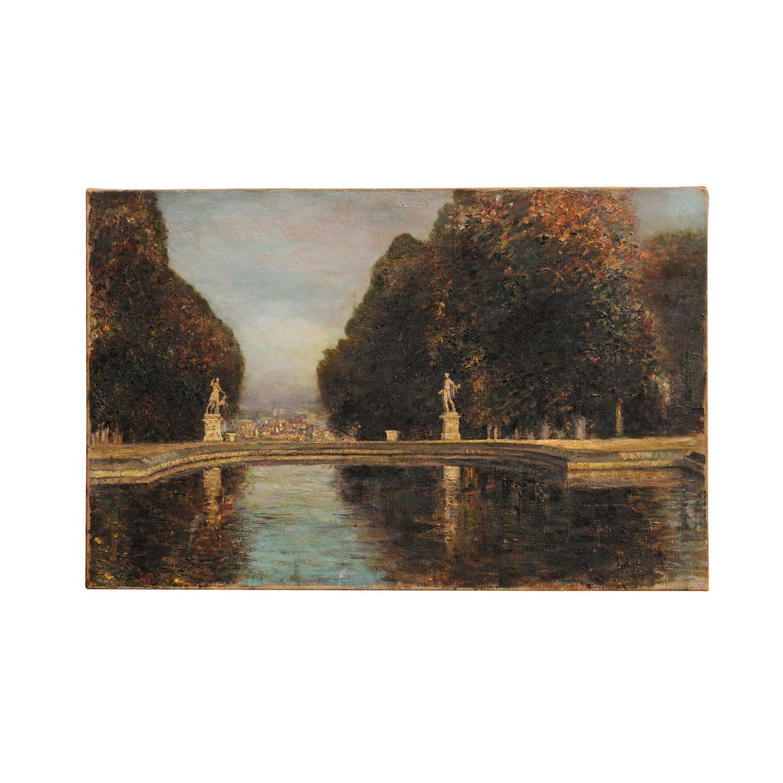 A French oil on canvas unframed painting from the 20th century depicting the Park of Saint Cloud with the marble statues of Apollo and Diana. Created in France during the 20th century, this oil on canvas painting depicts the romantic view of the
