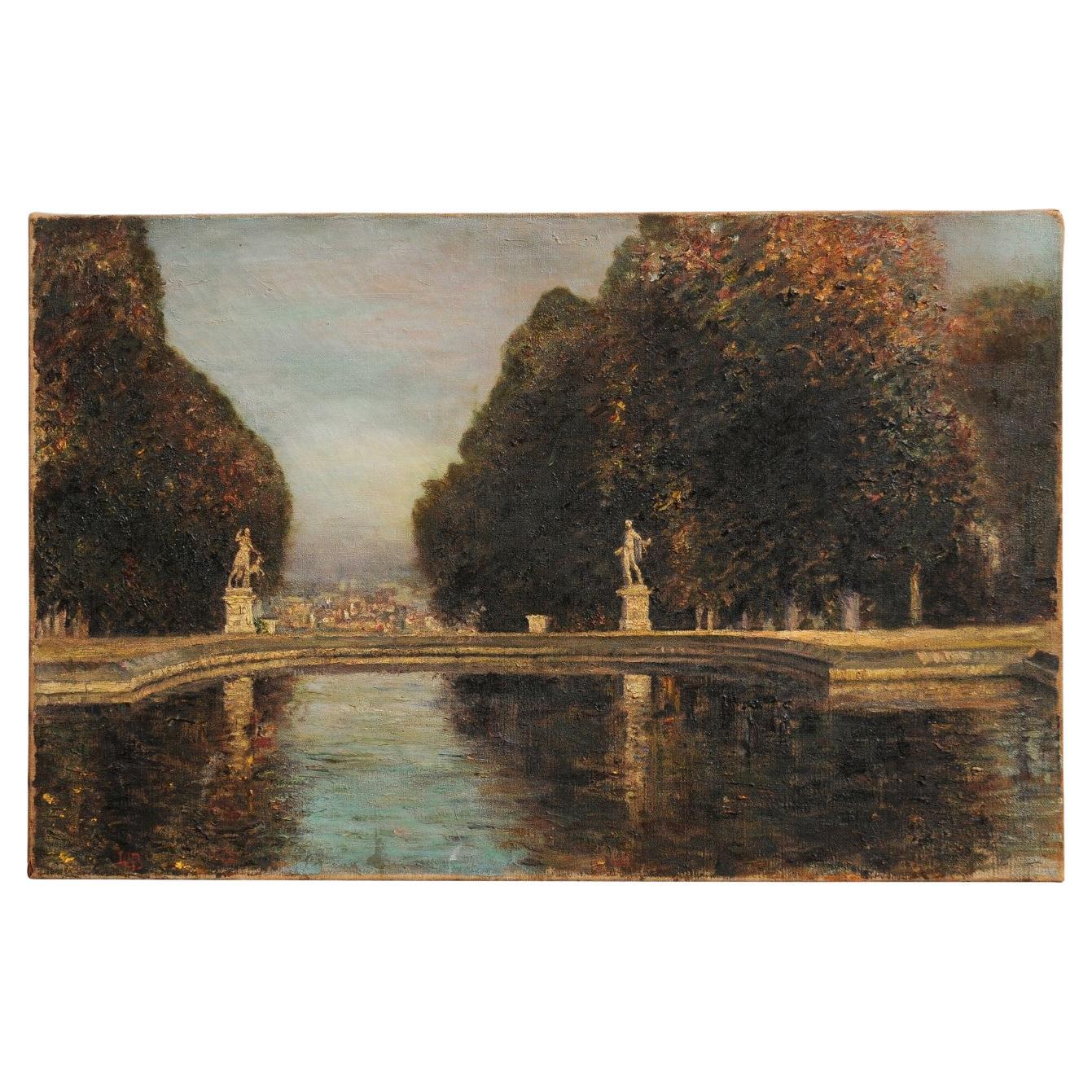 French Oil Painting Depicting the Park of Saint Cloud with Apollo and Diana