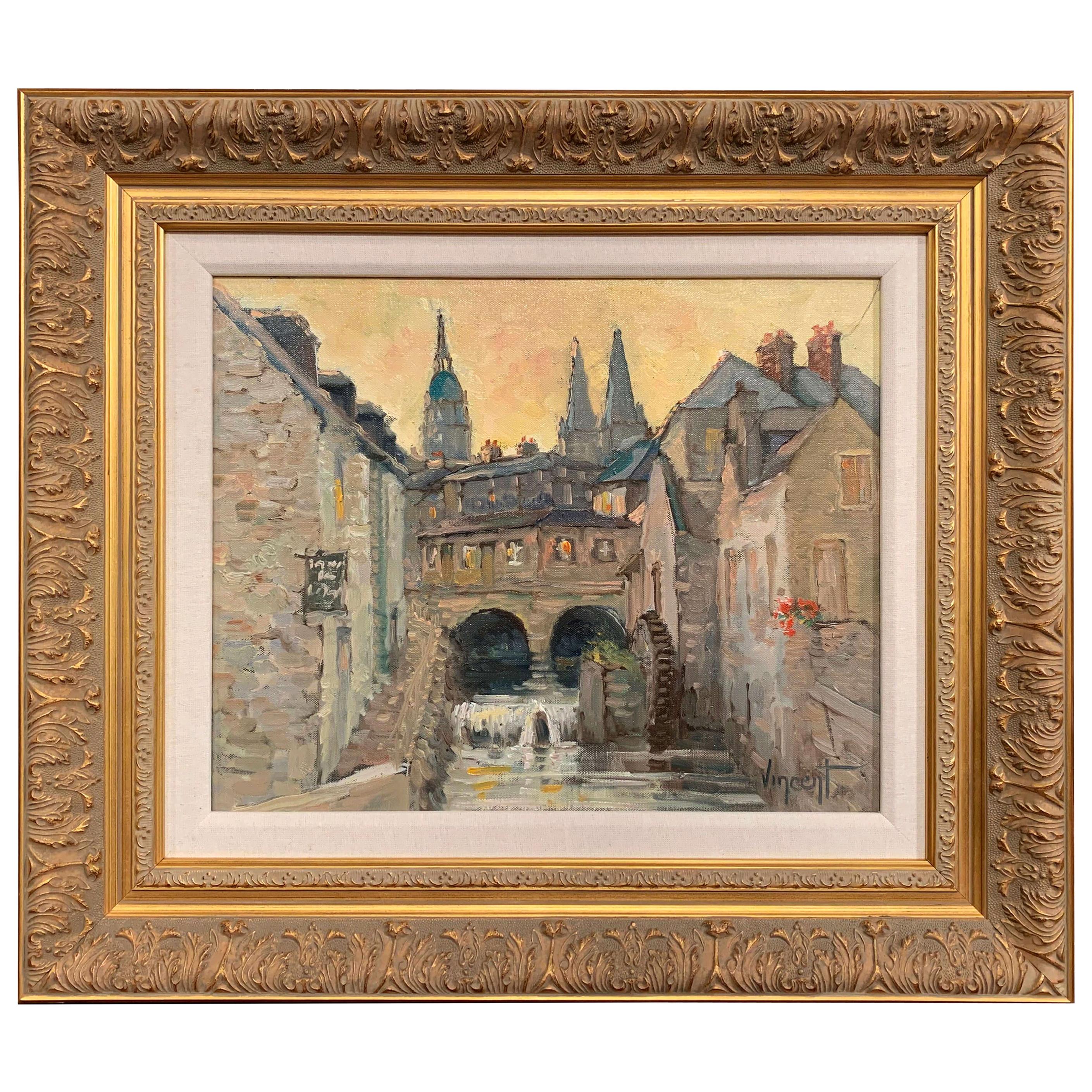 French Oil Painting in Gilt Frame "Le Vieux Moulin, Bayeux" Signed Vincent