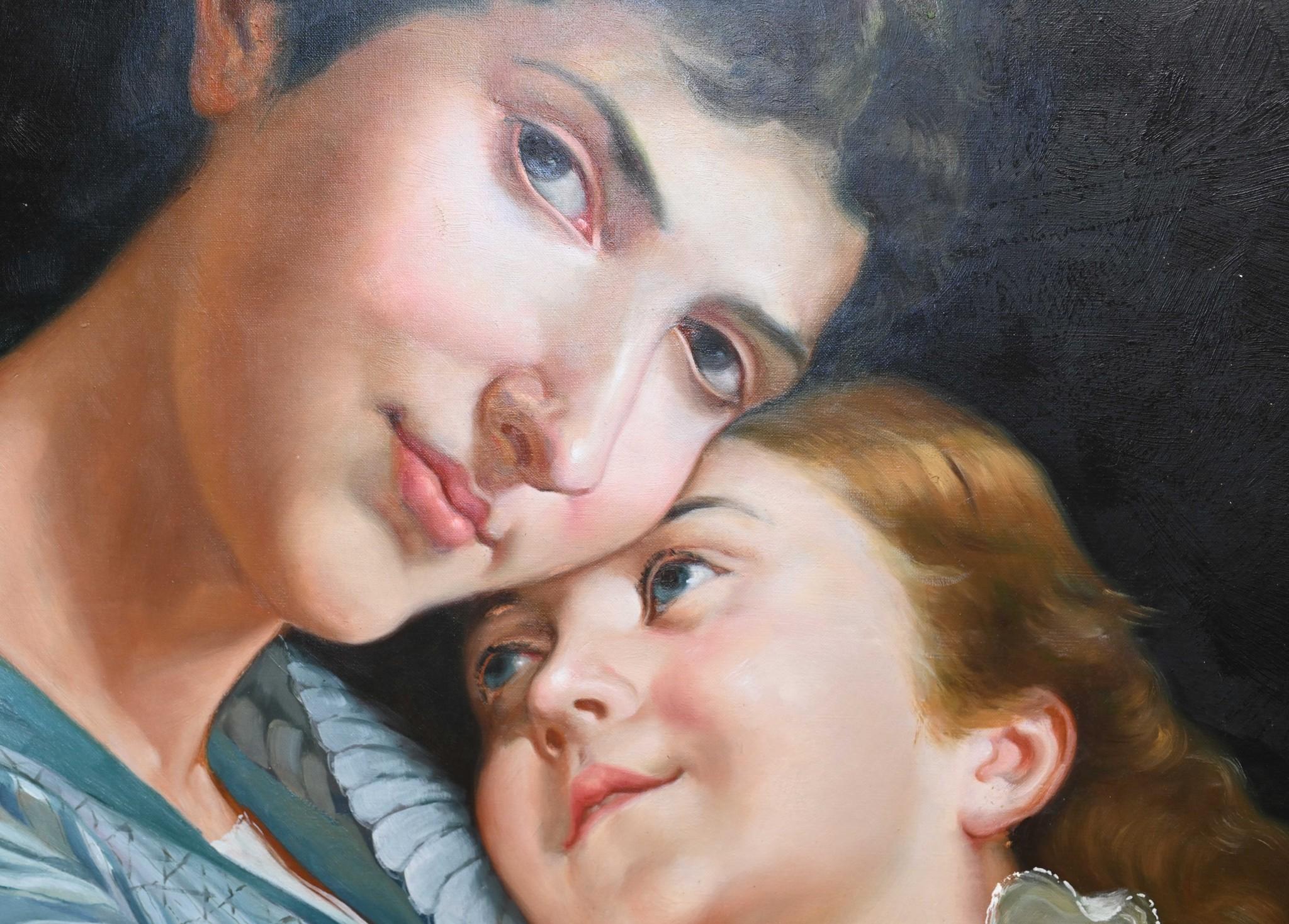 French Oil Painting Mother and Child Love Portrait 6 ft 198 CM In Good Condition For Sale In Potters Bar, GB