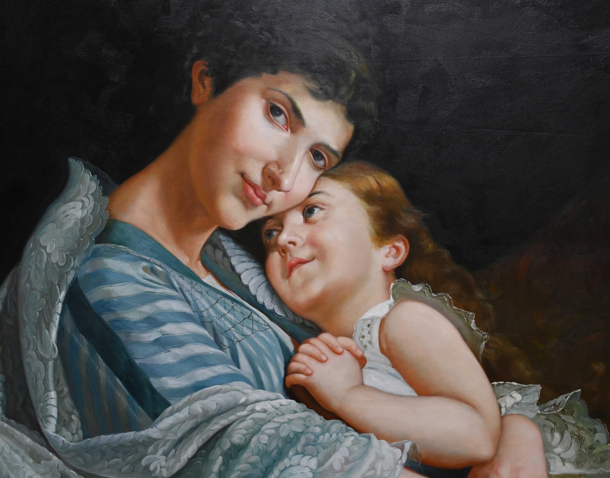 French Oil Painting Mother and Child Love Portrait 6 ft 198 CM For Sale 2