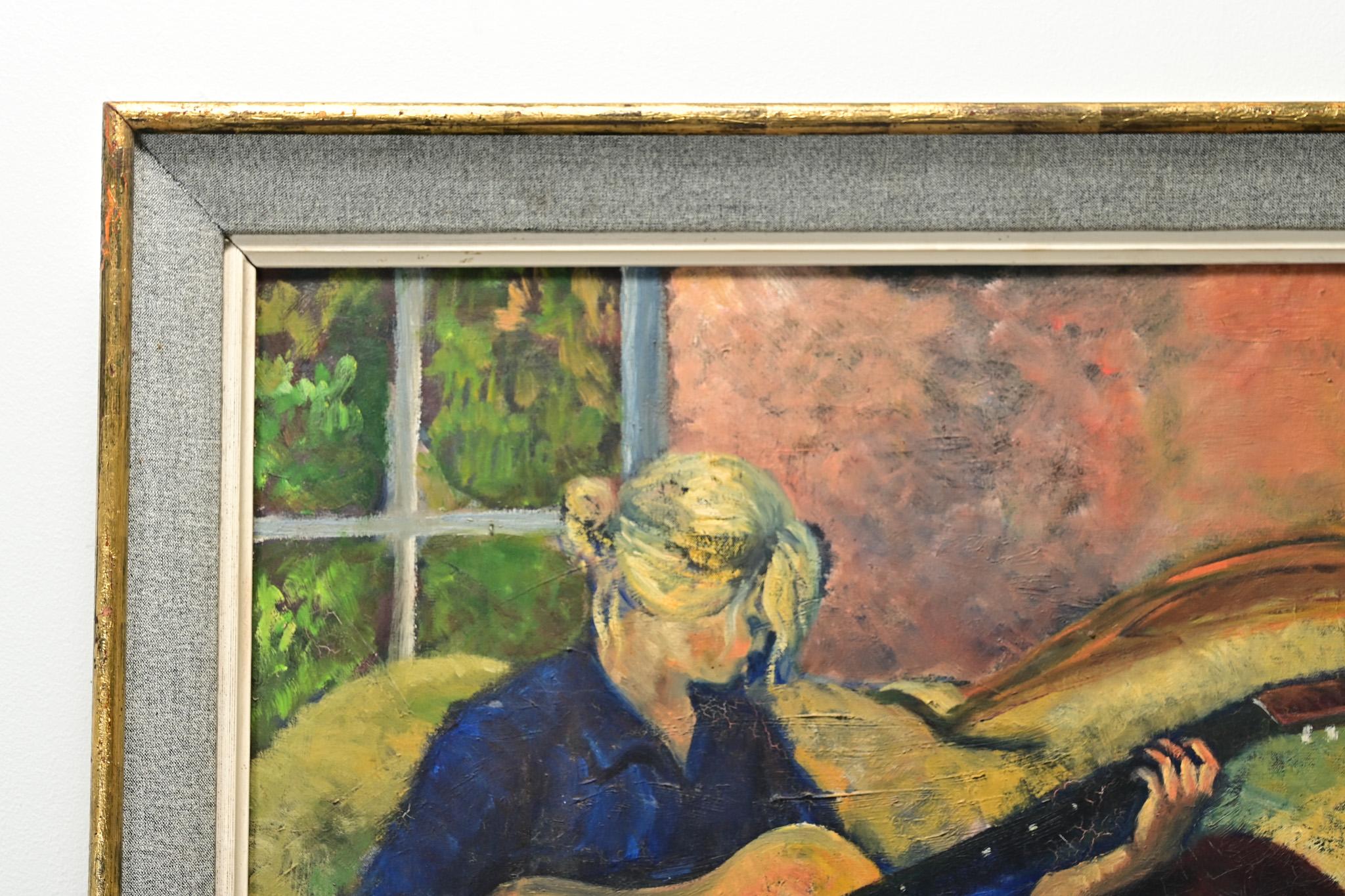 Dorato Pittura a olio francese di una signora, incorniciata in vendita