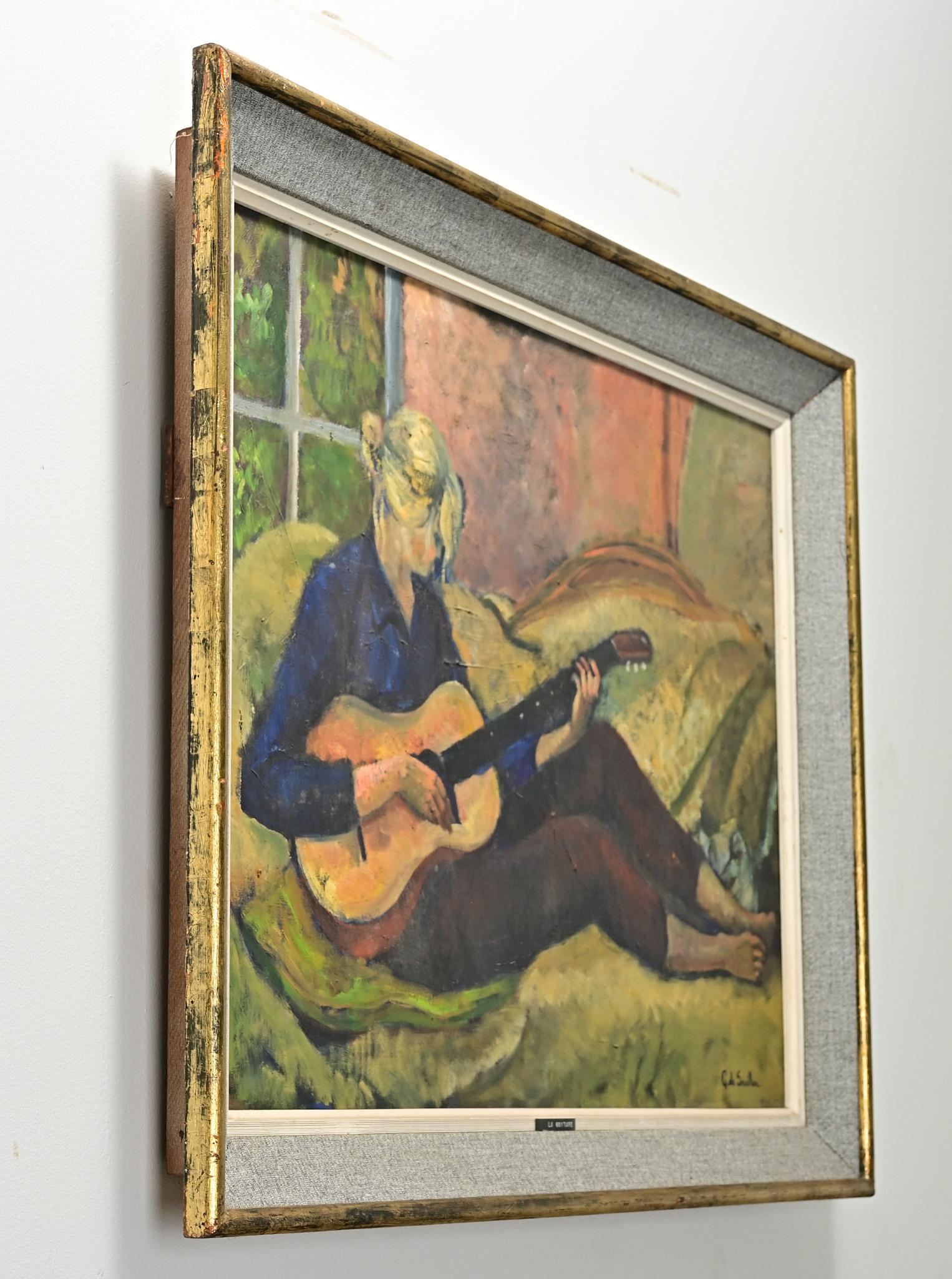 Ottone Pittura a olio francese di una signora, incorniciata in vendita
