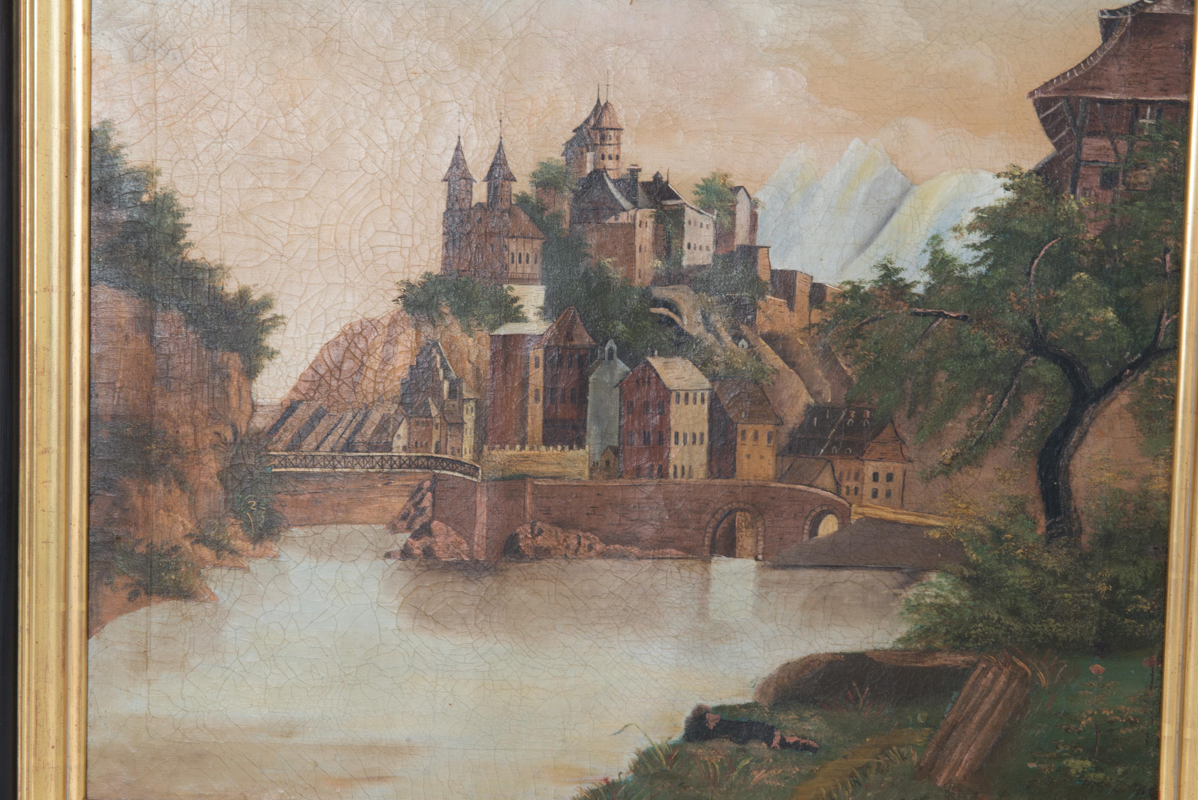 Français Peinture à l'huile d'un château sur une colline en vente