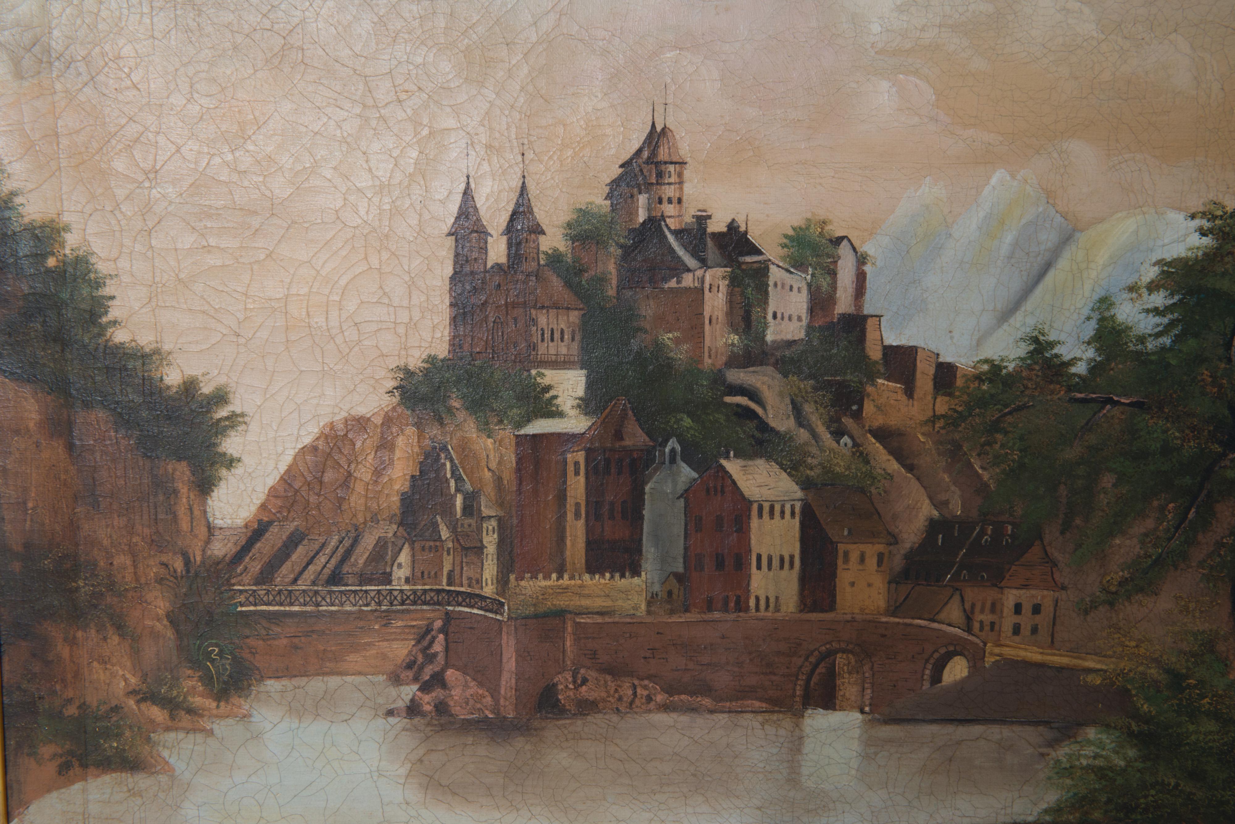 20th Century French Oil Painting of Castle on a Hill For Sale