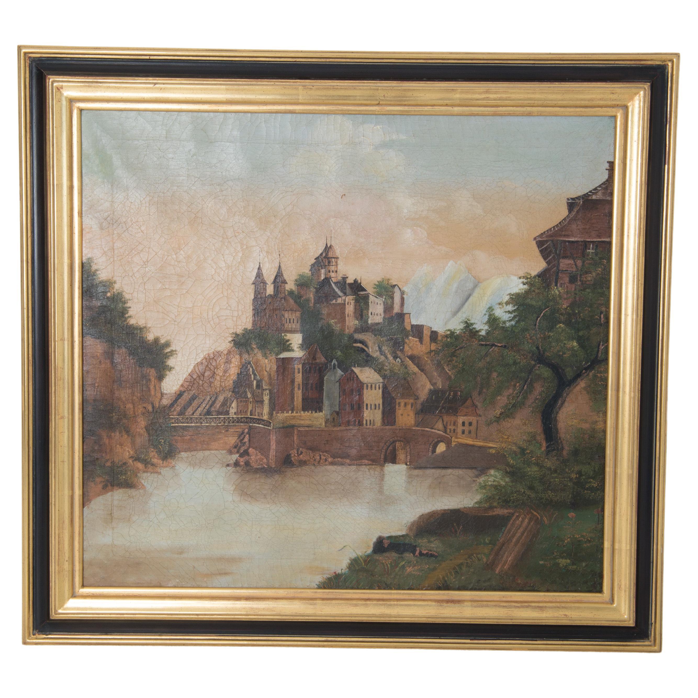Peinture à l'huile d'un château sur une colline en vente