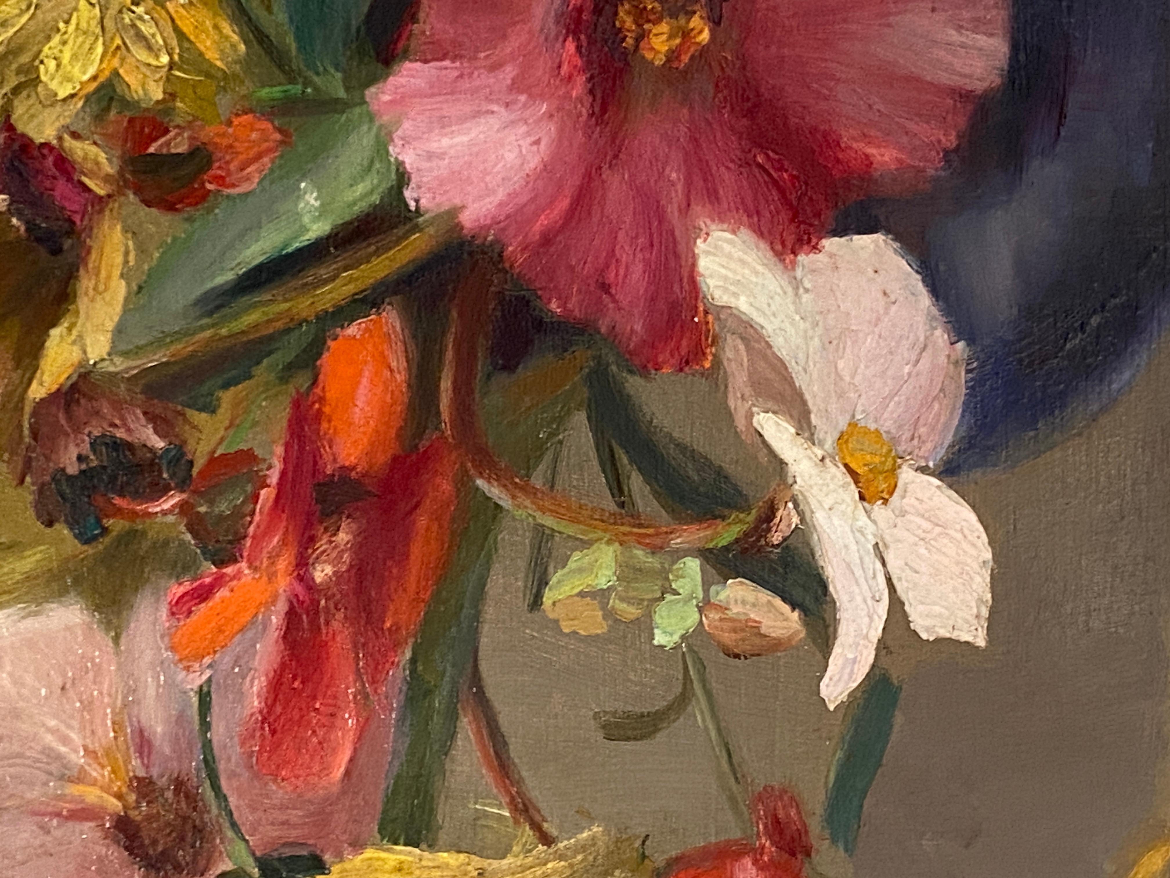 French Oil Painting of Flowers in Vase in Montparnasse Frame For Sale 5