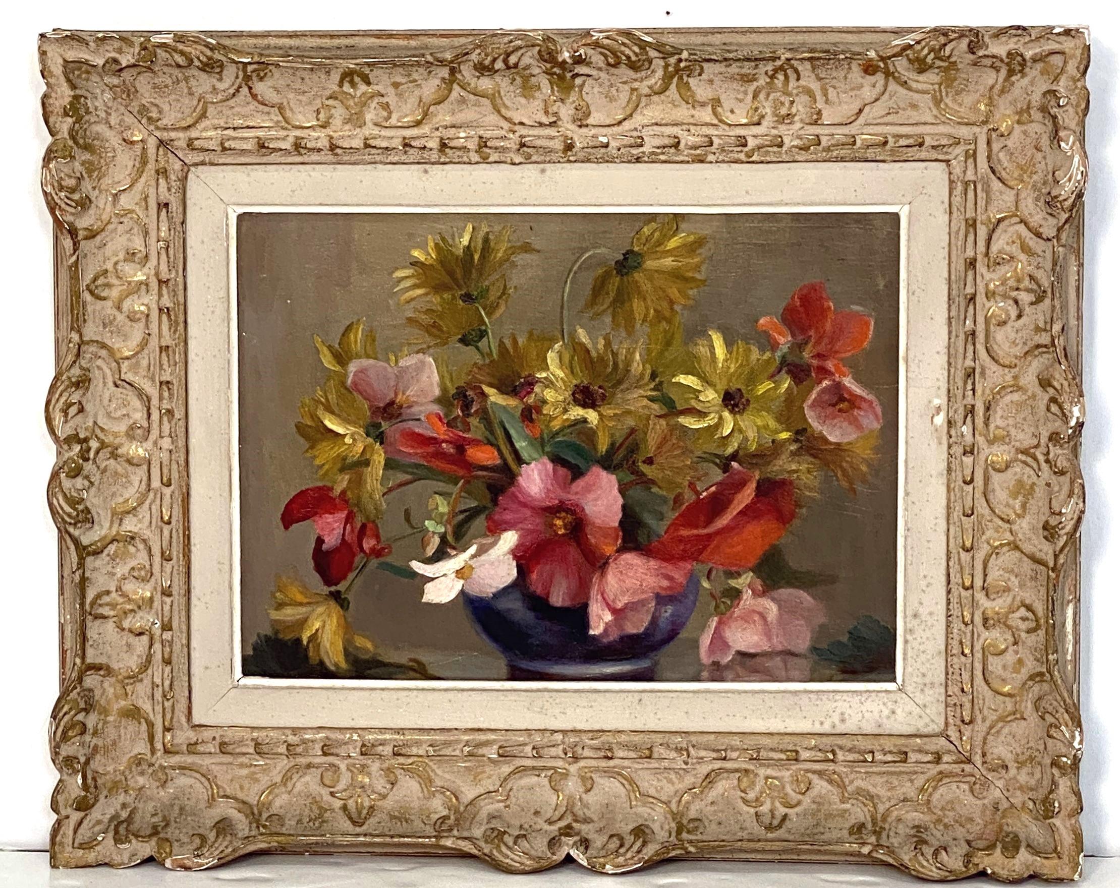 French Oil Painting of Flowers in Vase in Montparnasse Frame For Sale 6