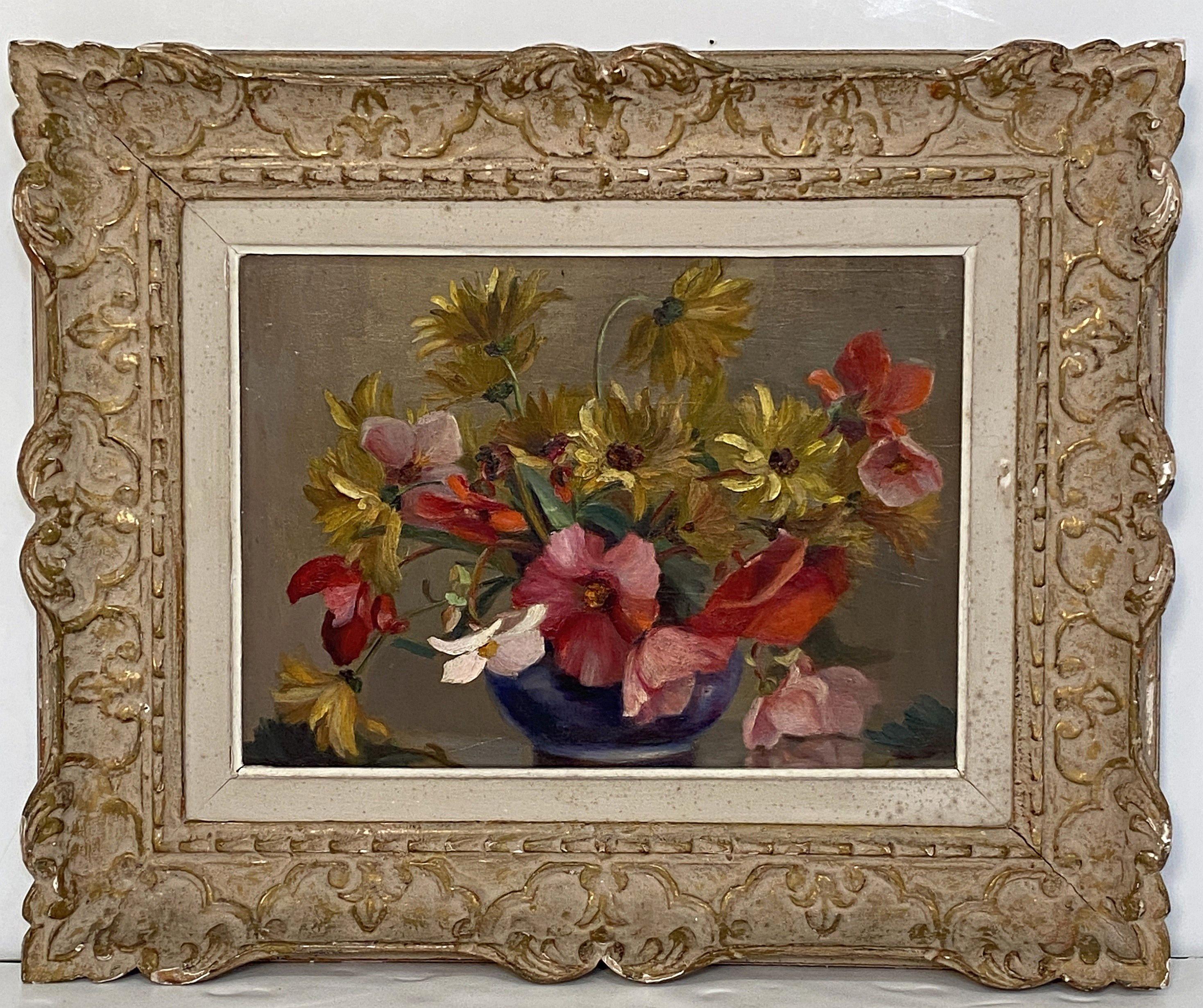 A fine French oil painting on canvas featuring a still life of a vase of flowers in a Montparnasse frame.

The Montparnasse frame takes its name from the Parisian district where it was born, at the beginning of the 20th century. 
Dethroning