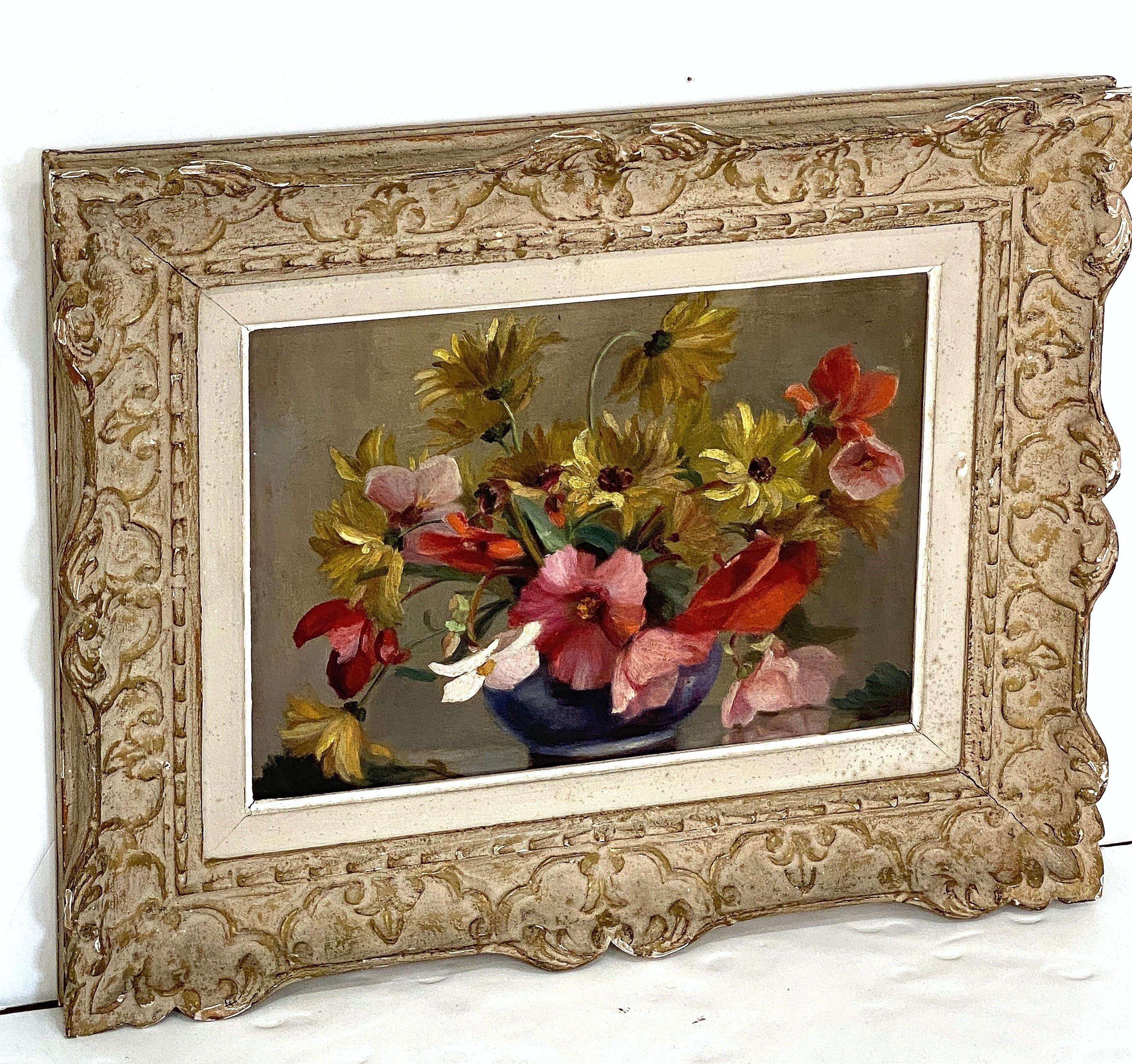 Carved French Oil Painting of Flowers in Vase in Montparnasse Frame For Sale