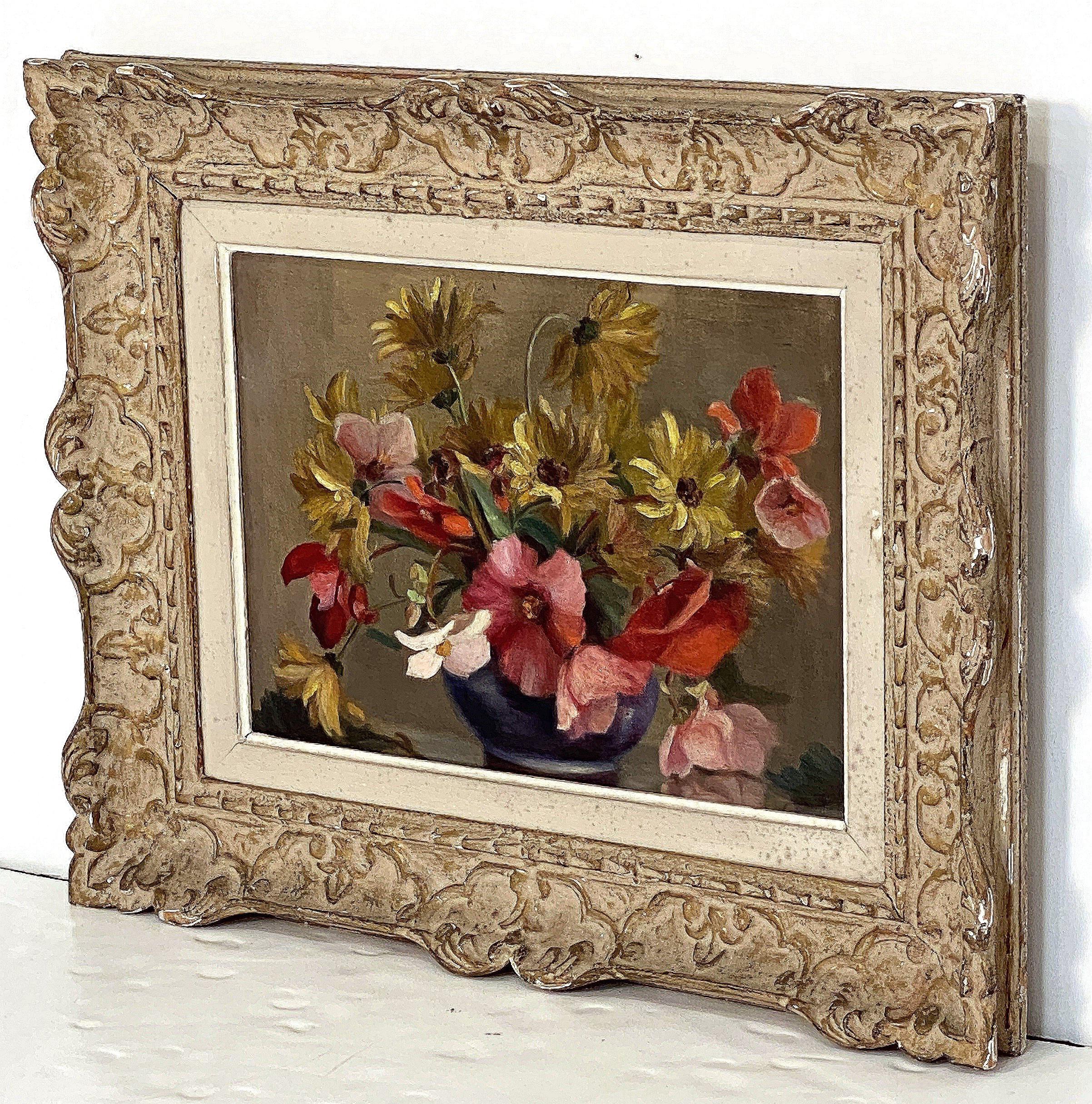 French Oil Painting of Flowers in Vase in Montparnasse Frame In Good Condition For Sale In Austin, TX