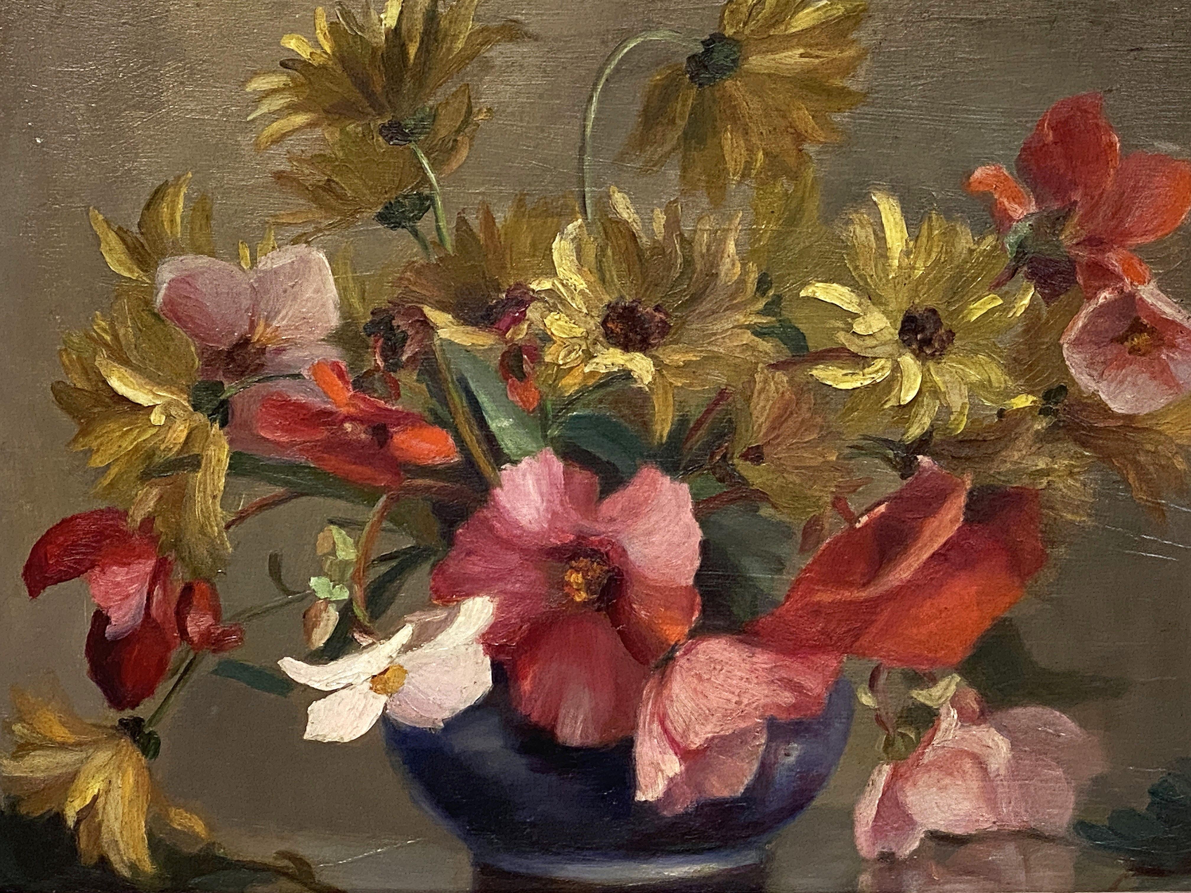 20th Century French Oil Painting of Flowers in Vase in Montparnasse Frame For Sale