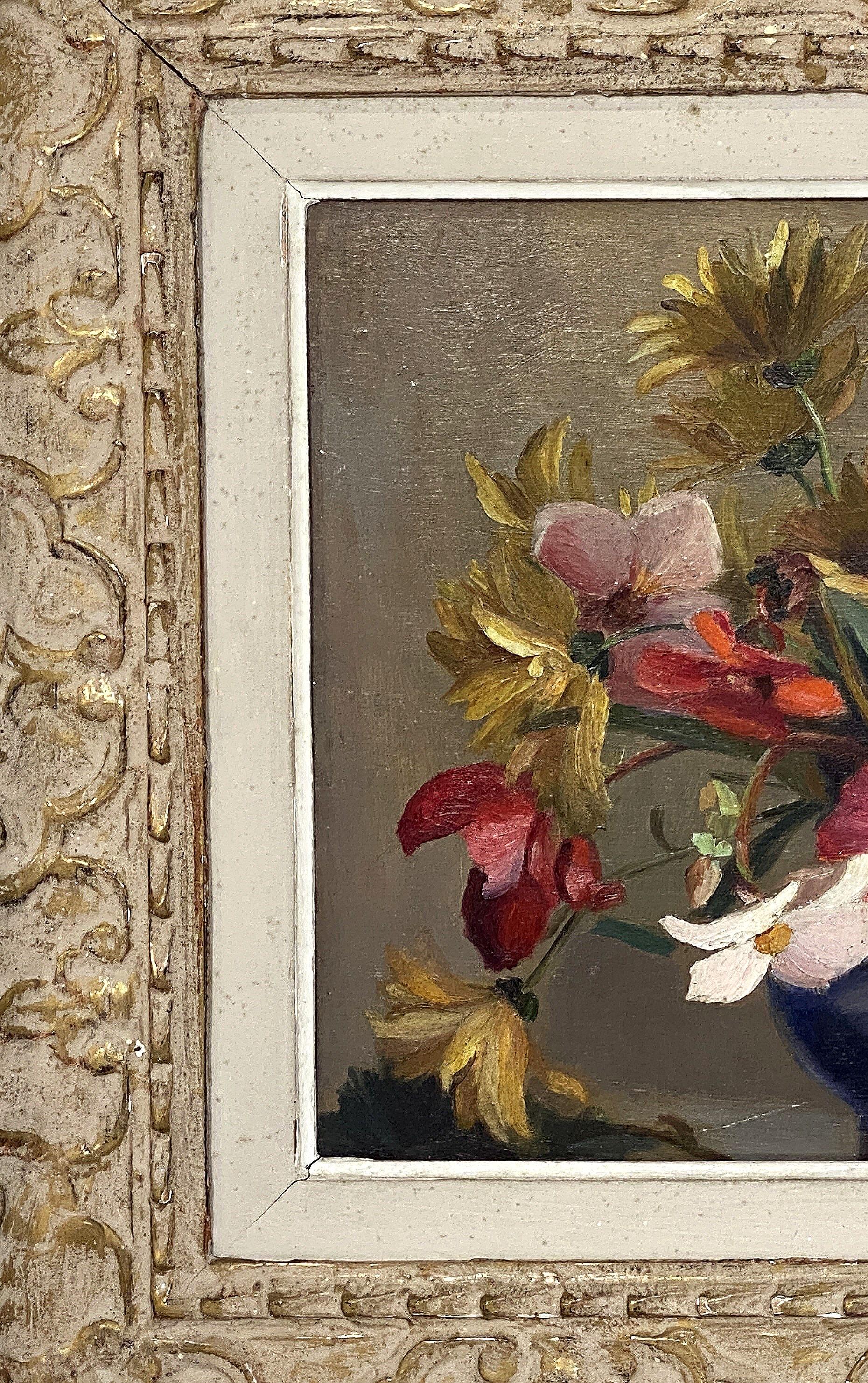 Canvas French Oil Painting of Flowers in Vase in Montparnasse Frame For Sale