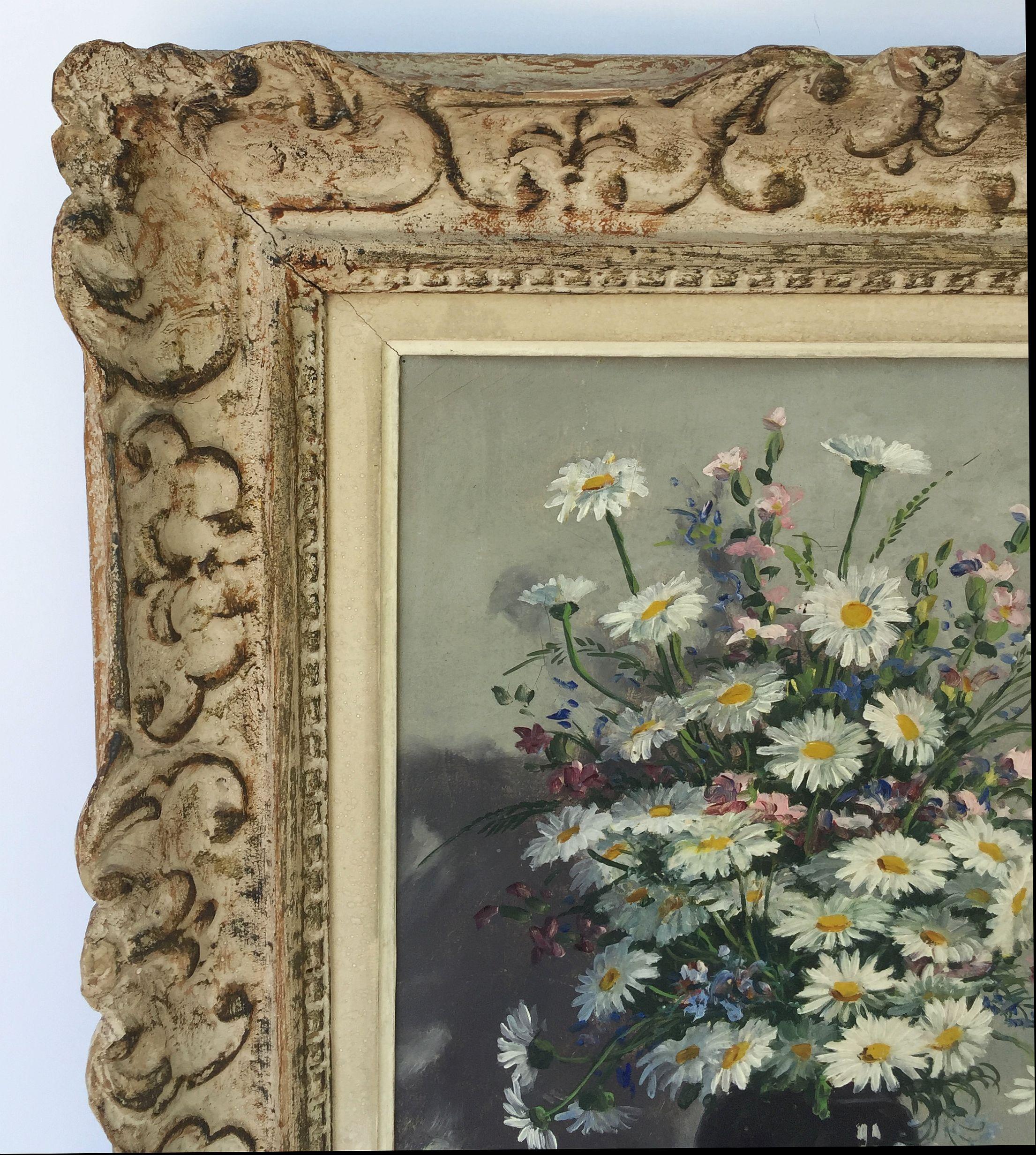 French Oil Painting of Flowers in Vase in Montparnasse Frame 1