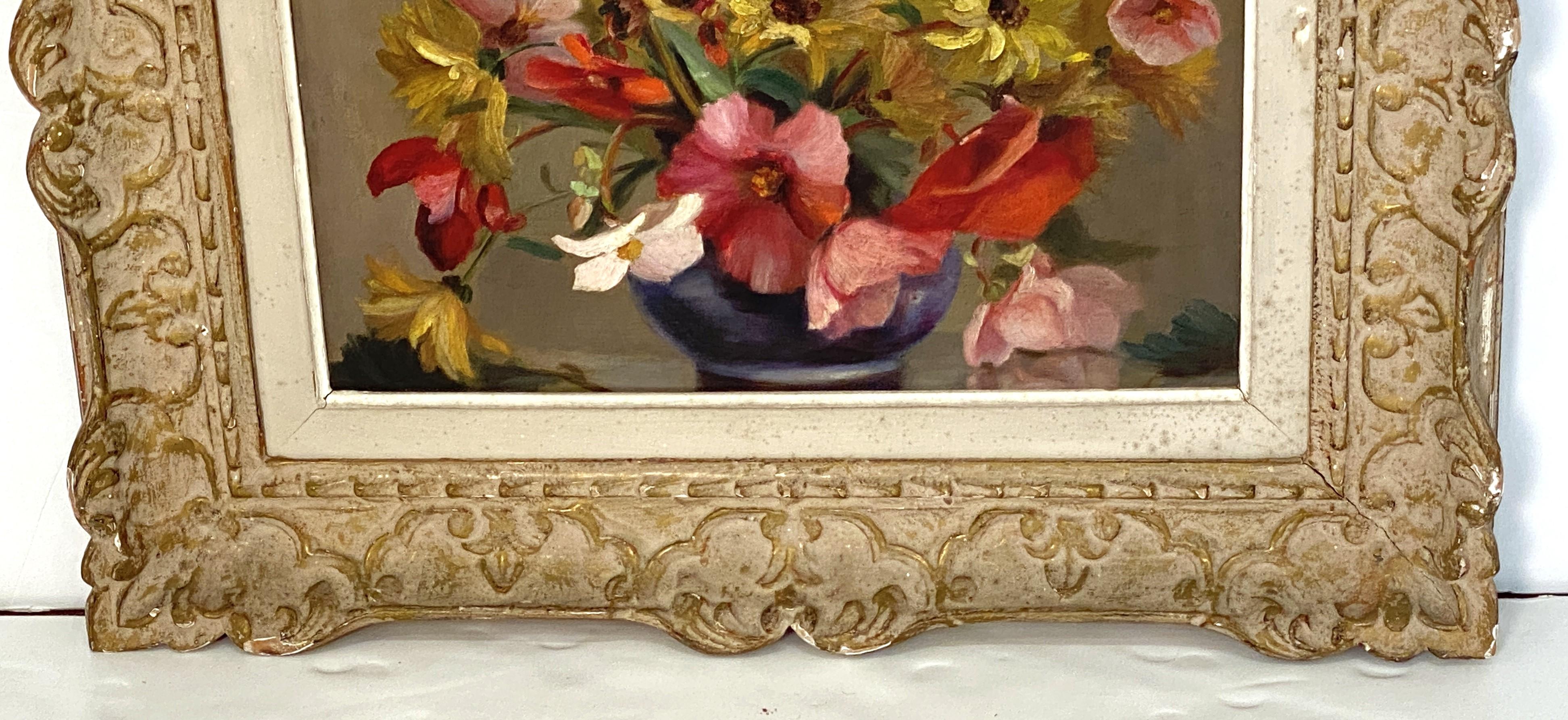 French Oil Painting of Flowers in Vase in Montparnasse Frame For Sale 2