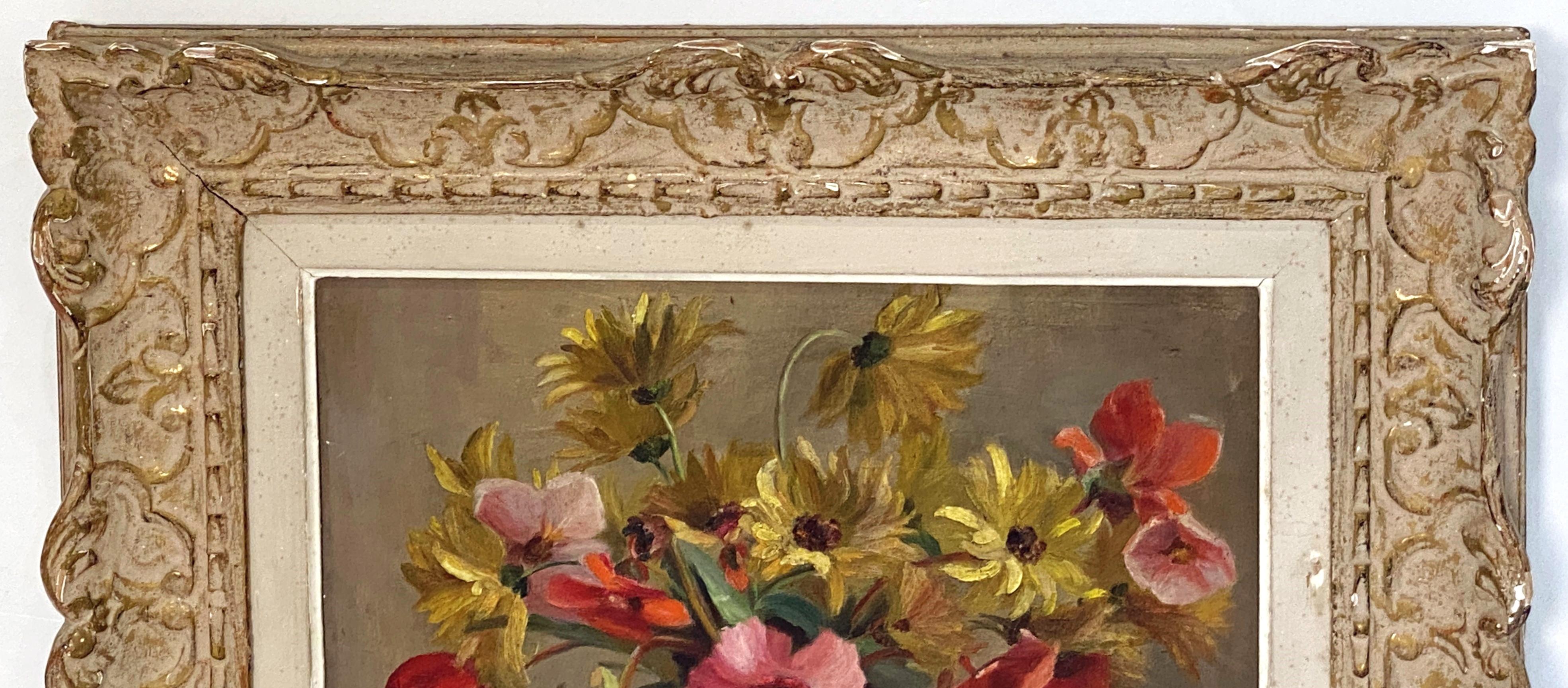 French Oil Painting of Flowers in Vase in Montparnasse Frame For Sale 3