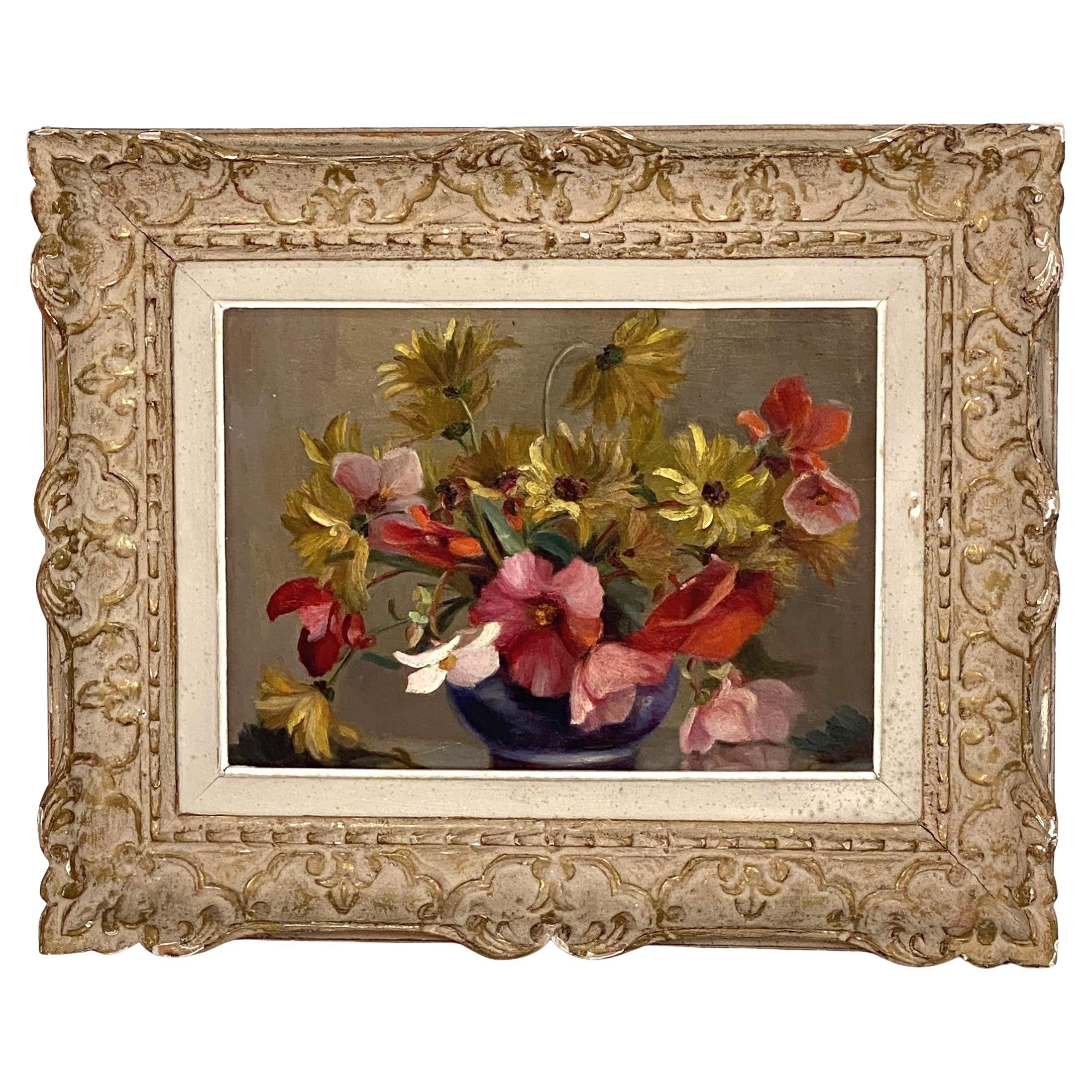 Quadro a olio francese con fiori in vaso e cornice di Montparnasse