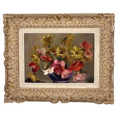 Quadro a olio francese con fiori in vaso e cornice di Montparnasse