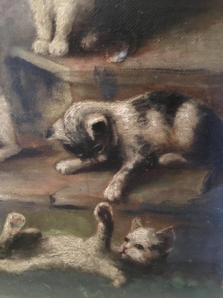French oil painting of playful cats and kittens, dated 1948.