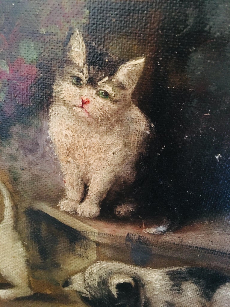 Folk Art French Oil Painting of Playful Cats and Kittens, circa 1948 For Sale