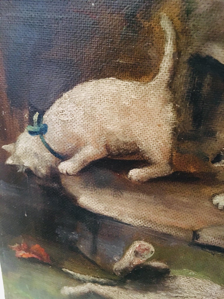 Oiled French Oil Painting of Playful Cats and Kittens, circa 1948 For Sale