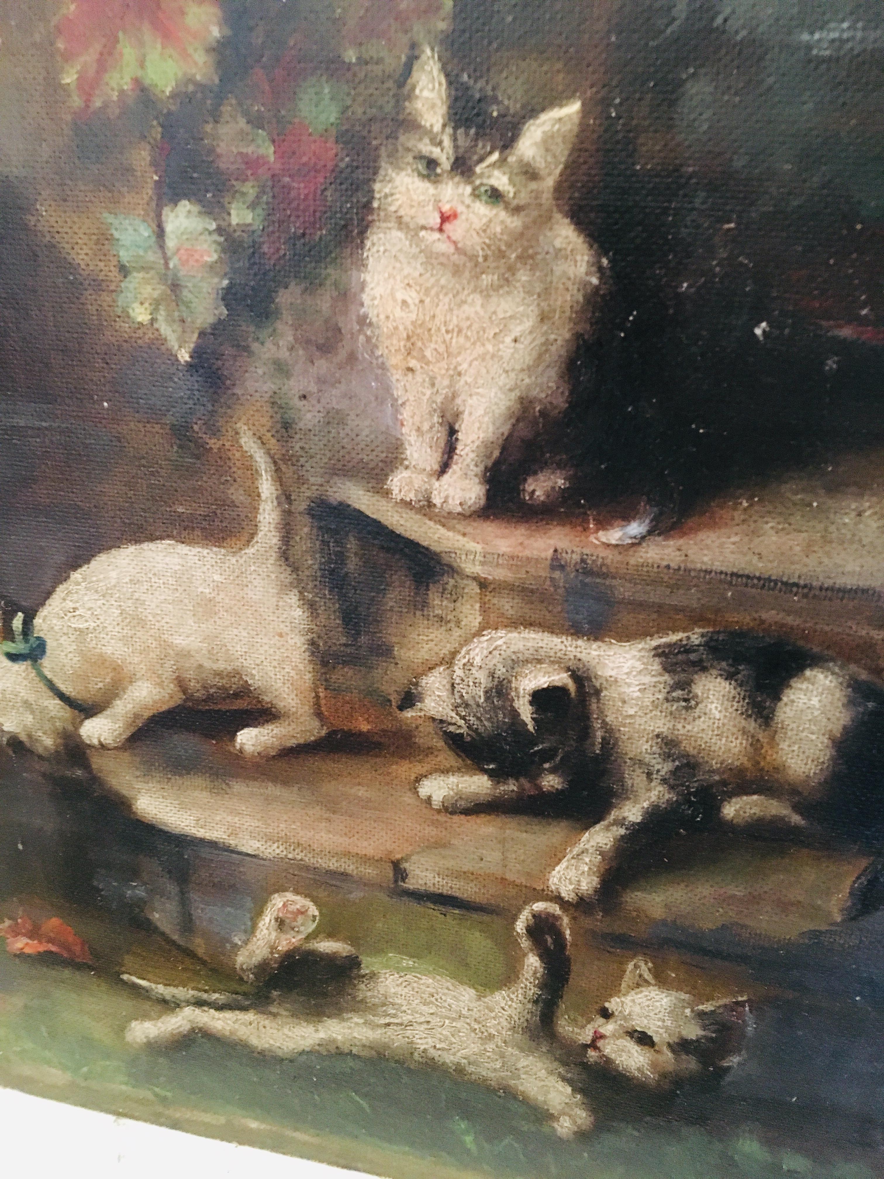 Folk Art French Oil Painting of Playful Cats and Kittens, circa 1948
