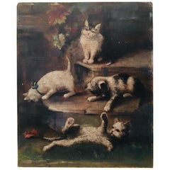 French Oil Painting of Playful Cats and Kittens, circa 1948