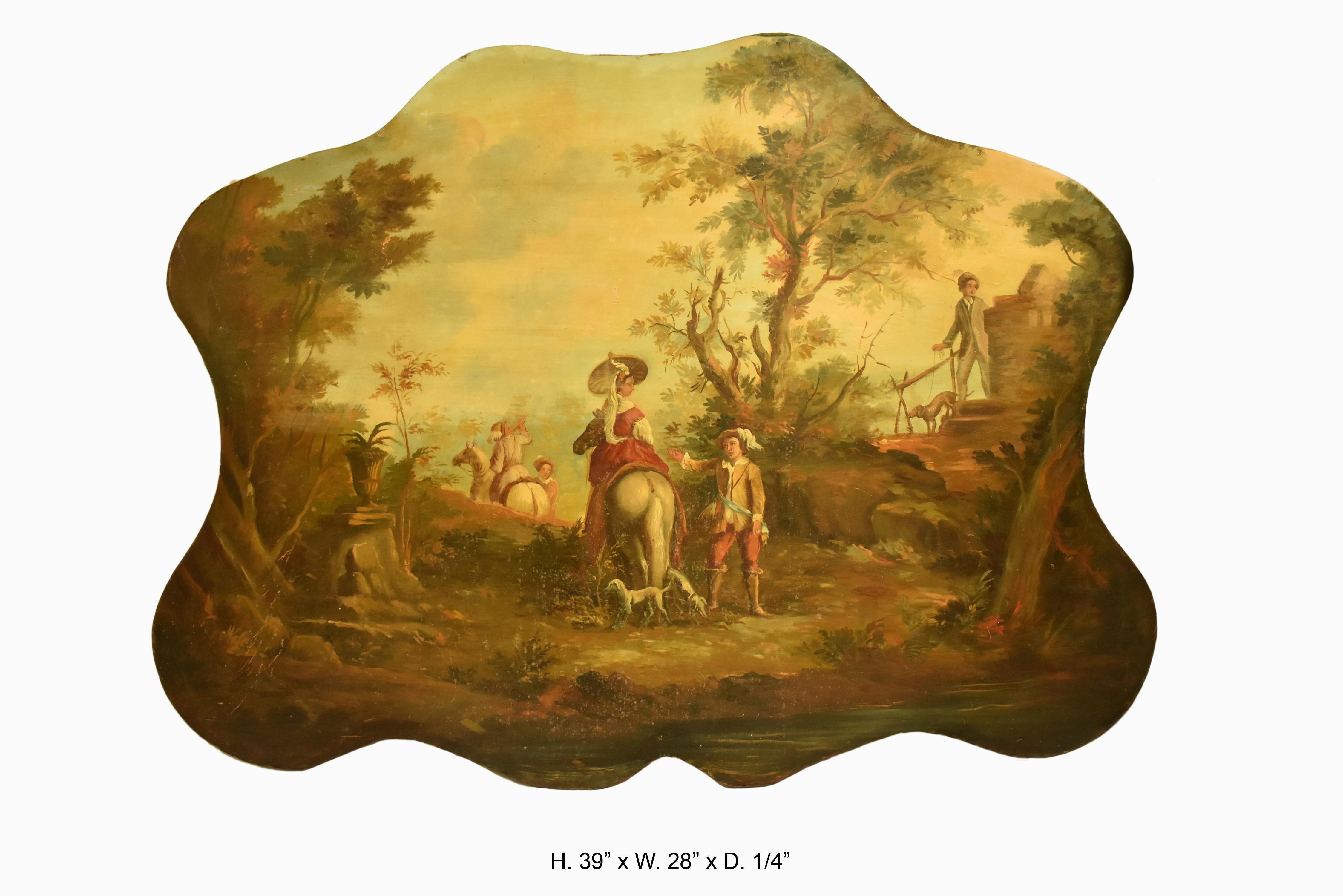 Highly decorated French oil on board painting of a romantic scene, first half of 20th century.
Possibly oil on canvas glued on board.
Uniquely shaped French oil on board painting depicting a romantic scene of a man dressed in traditional clothing