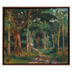 French Oil Painting of Tall Trees with a Cobble Stone Path