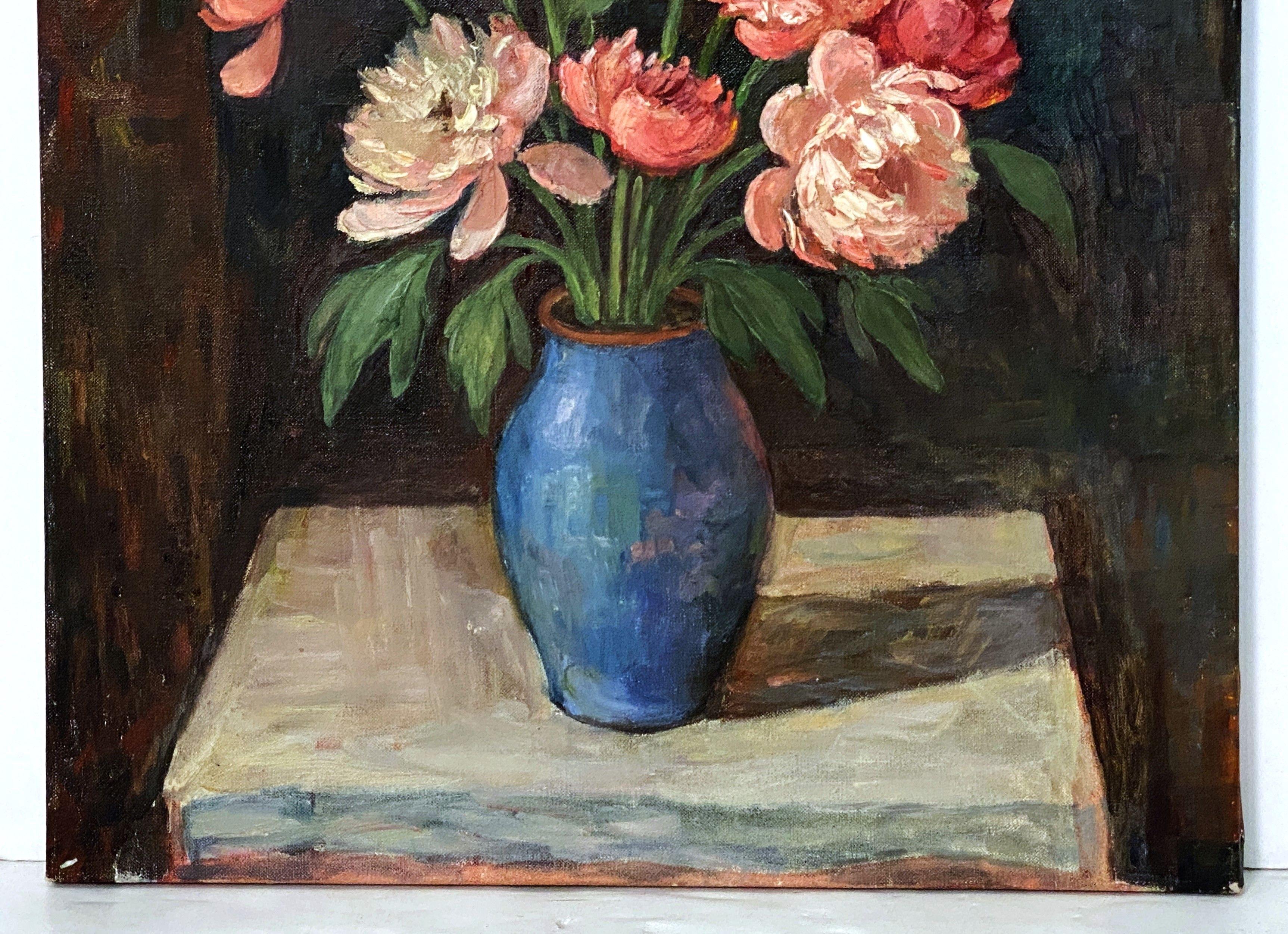 Peinture à l'huile sur toile d'un bouquet floral dans un vase bleu (H 24 x L 18) en vente 4
