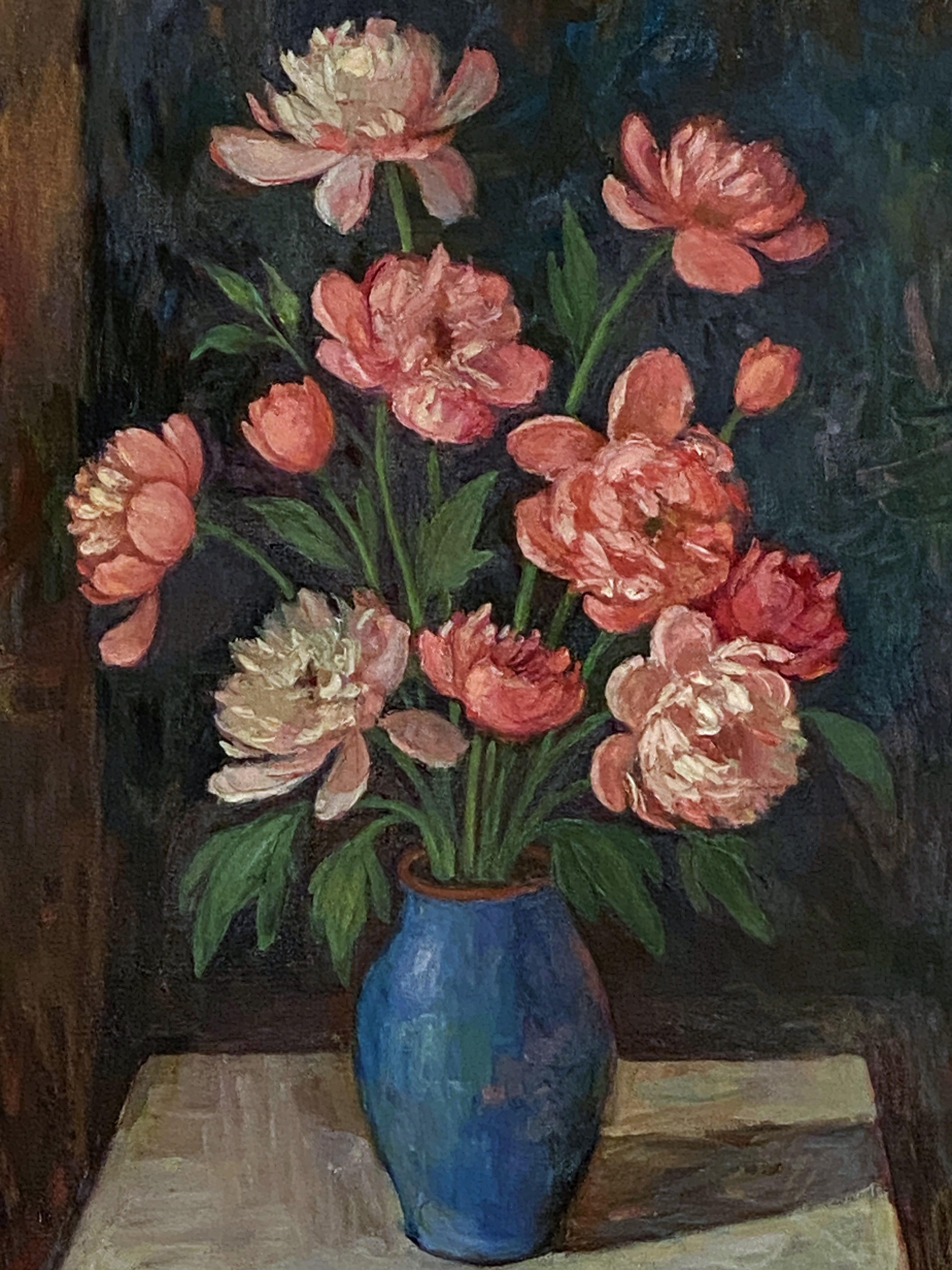 Français Peinture à l'huile sur toile d'un bouquet floral dans un vase bleu (H 24 x L 18) en vente