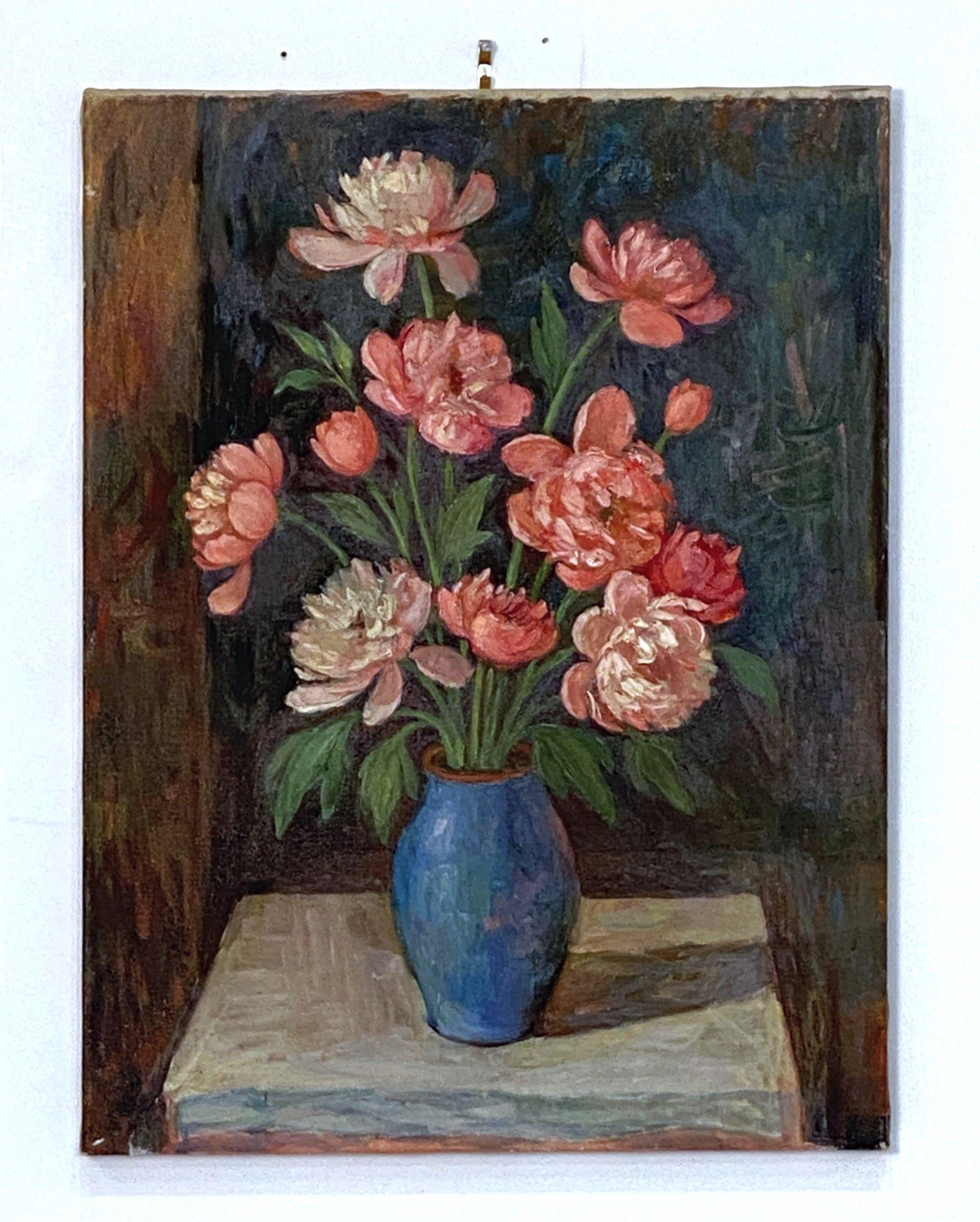 Peinture à l'huile sur toile d'un bouquet floral dans un vase bleu (H 24 x L 18) Bon état - En vente à Austin, TX