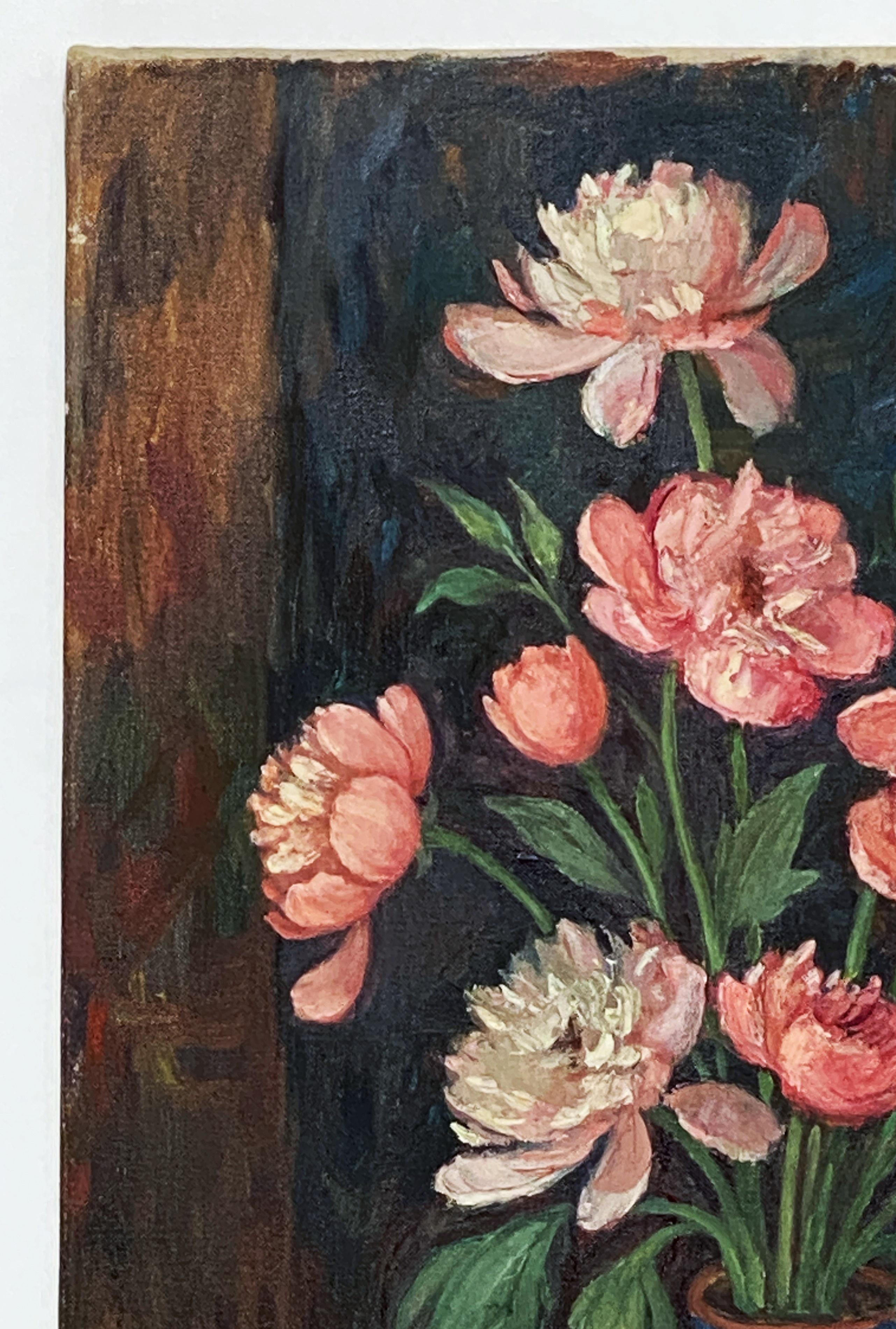 20ième siècle Peinture à l'huile sur toile d'un bouquet floral dans un vase bleu (H 24 x L 18) en vente