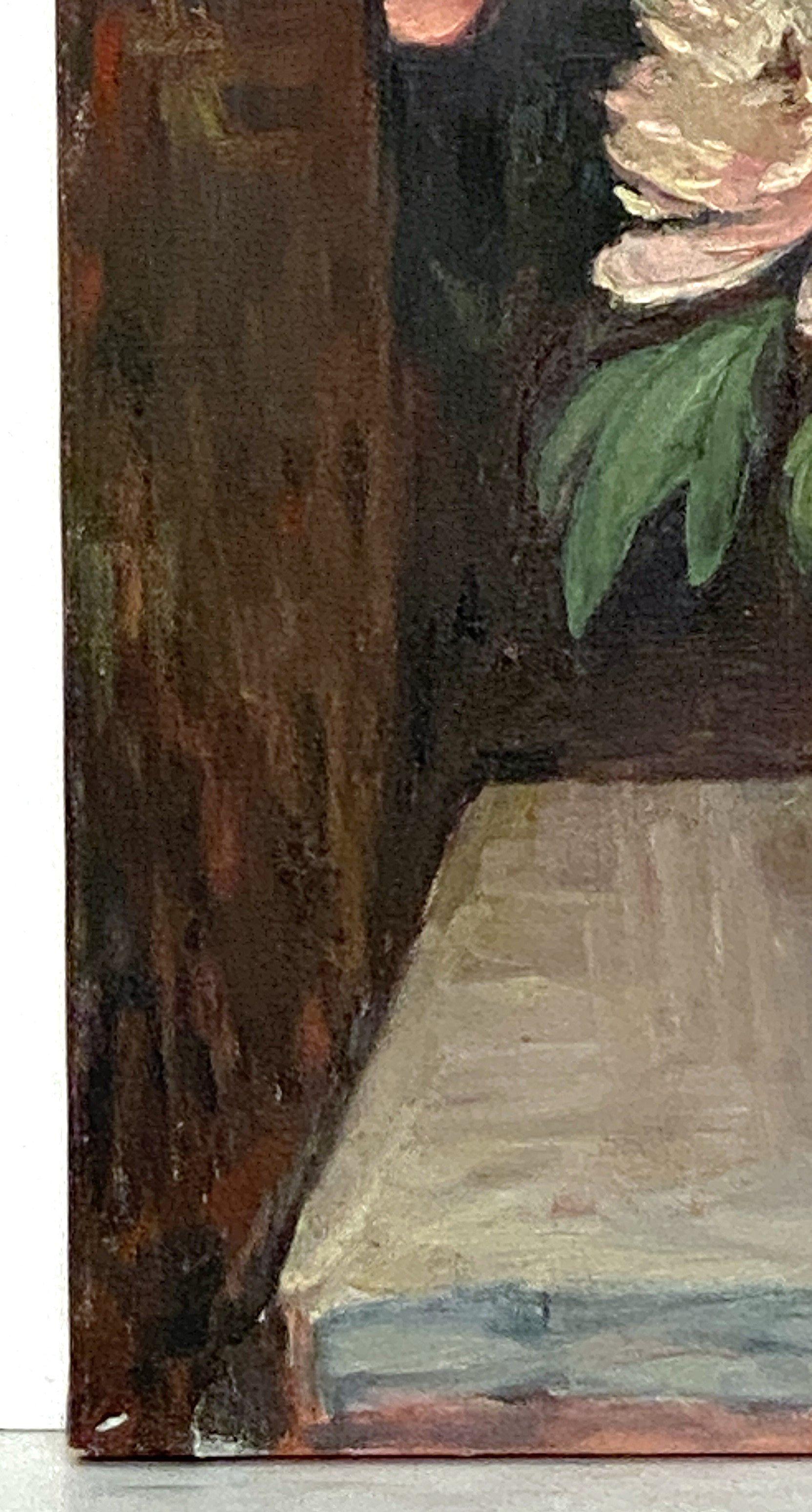 Toile Peinture à l'huile sur toile d'un bouquet floral dans un vase bleu (H 24 x L 18) en vente